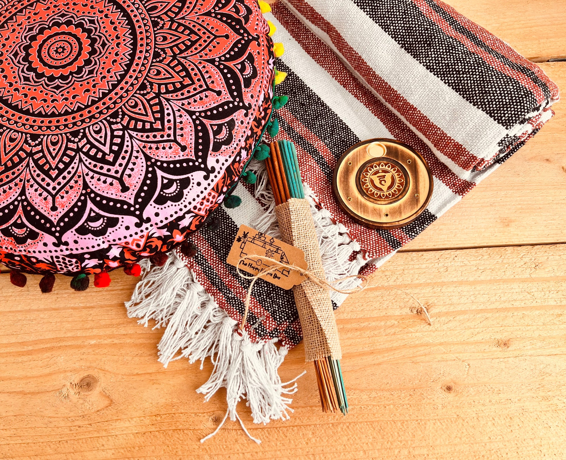 Handmade red meditation set with red mandala print handmade cushion, throw, incense and yoga mat bag and incense holder – eco-friendly yoga gift set for mindfulness and relaxation, self care gift 