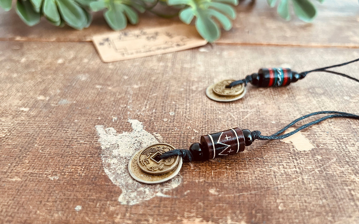 Good Fortune Coin & Tribal Boho Bead Cord Necklace