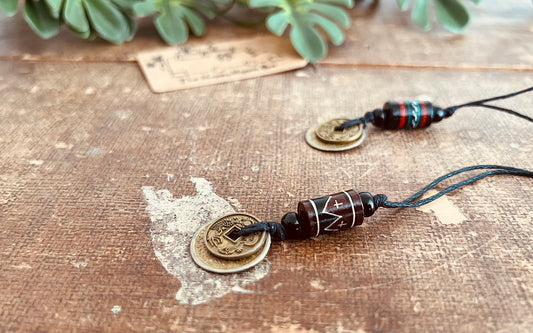 Good Fortune Coin & Tribal Boho Bead Cord Necklace