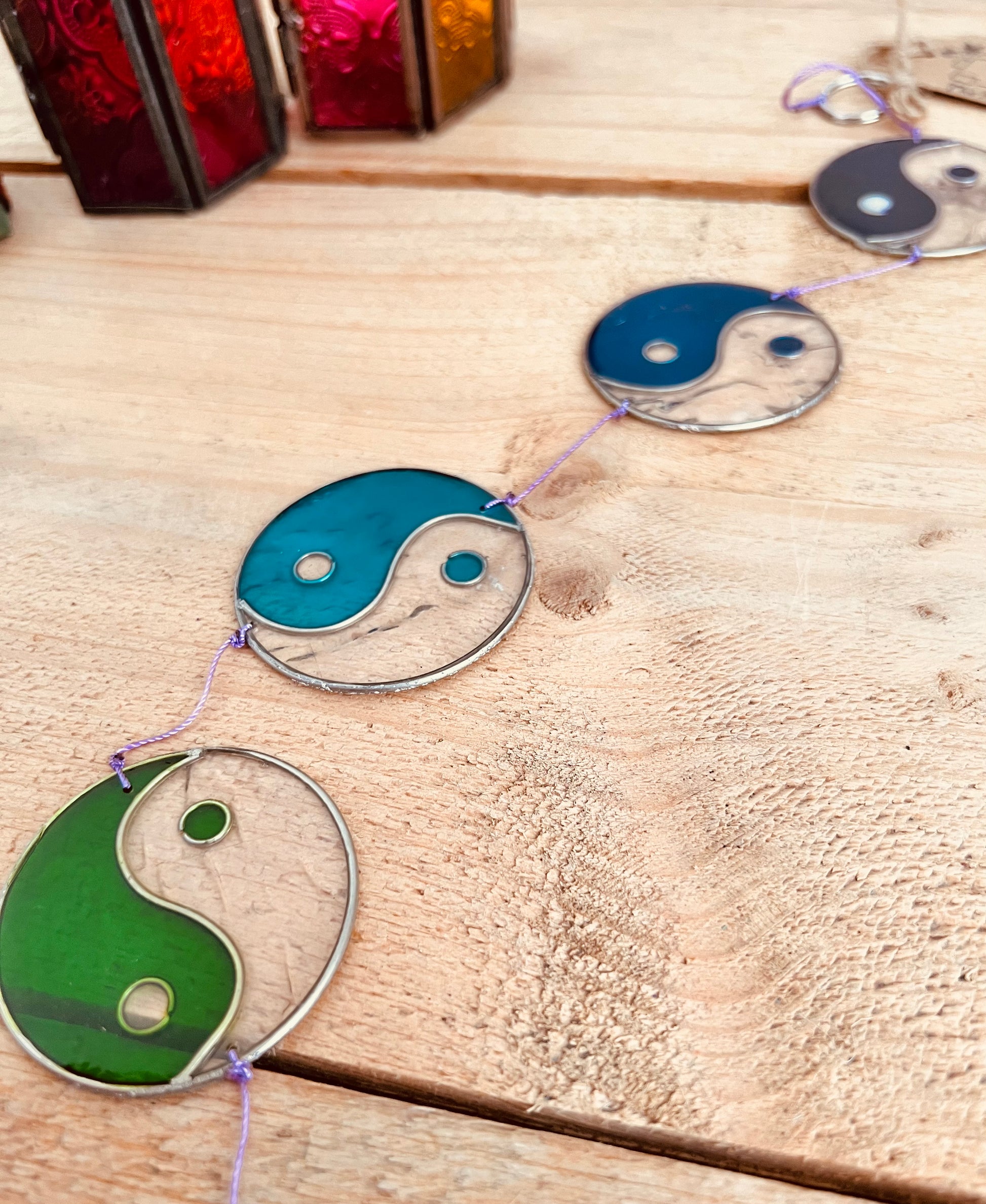 Handmade stained glass yin yang chakra sun catcher with colourful glass circles for spiritual home decor