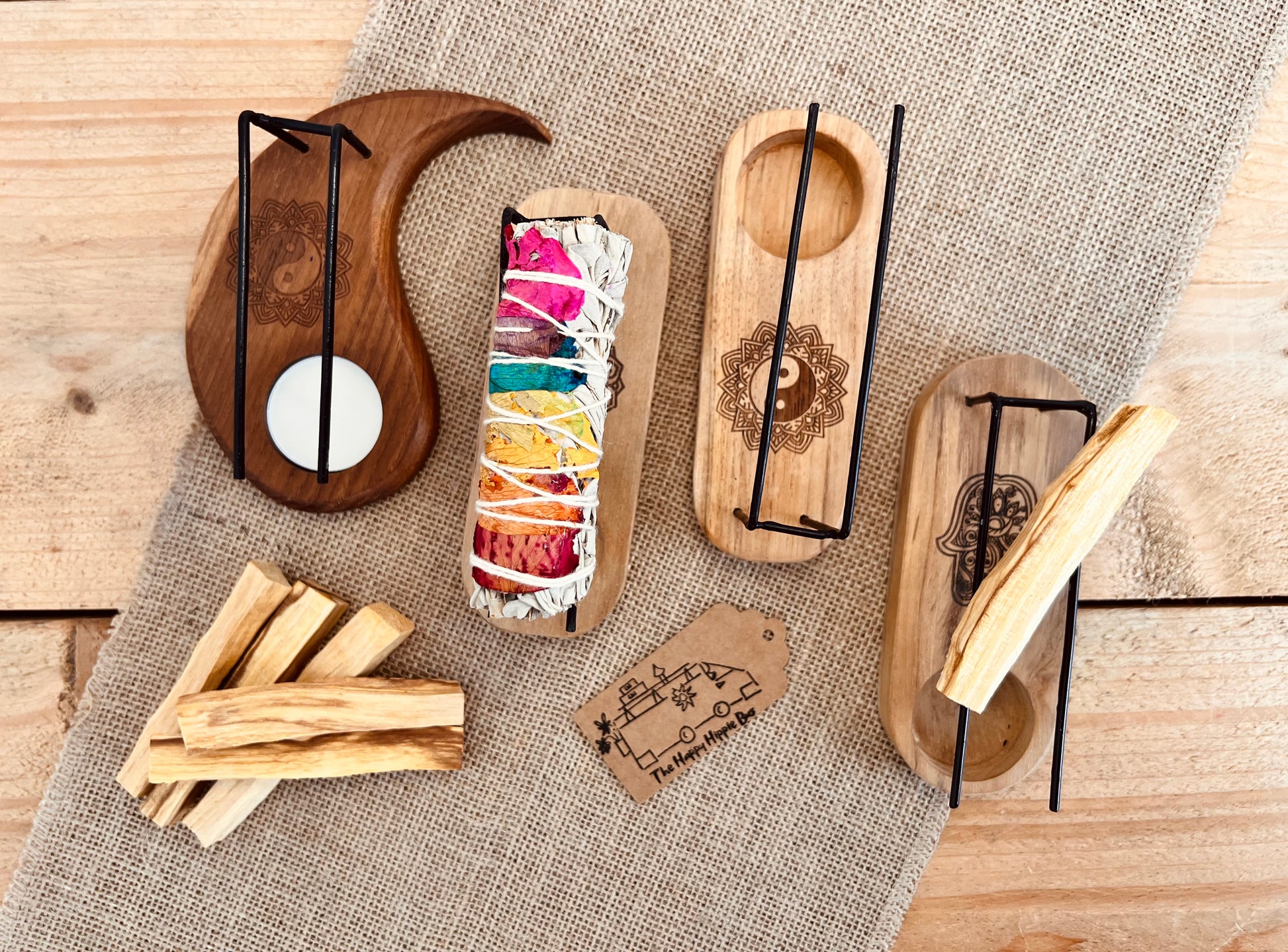 Hand carved mango wood palo santo heater smudge stick holder burner ethically sourced sustainable hippie boho decor 