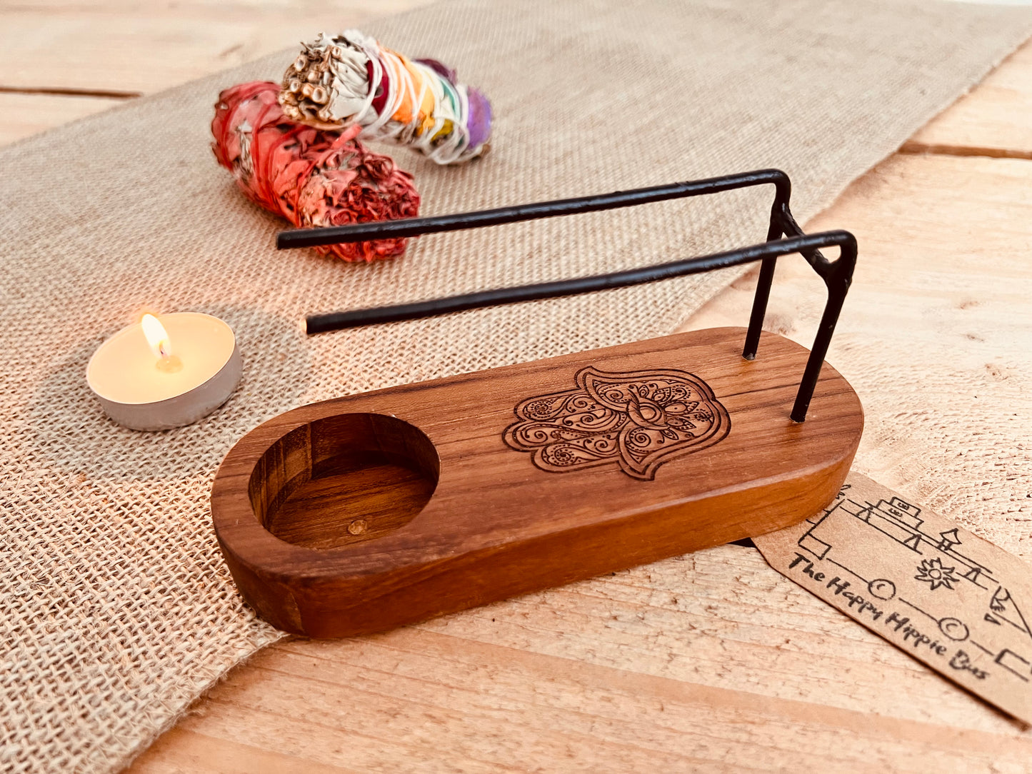 Teak wood Palo Santo smudge stick heater, hamsa hand design wooden incense heater, purifying, cleansing home fragrance 