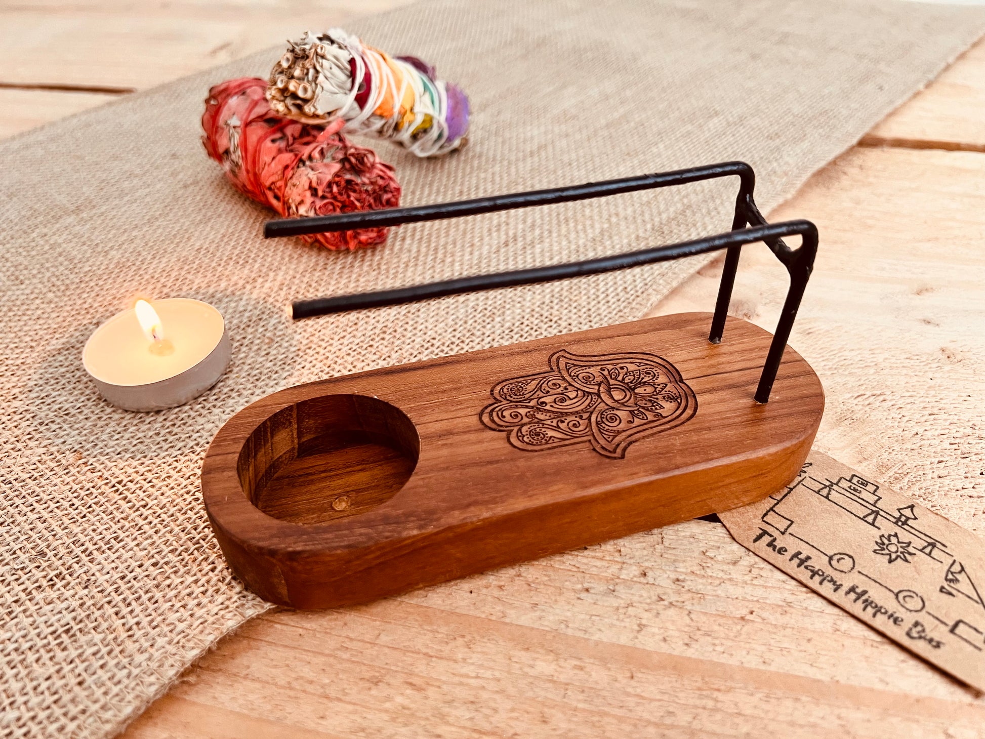 Teak wood Palo Santo smudge stick heater, hamsa hand design wooden incense heater, purifying, cleansing home fragrance 