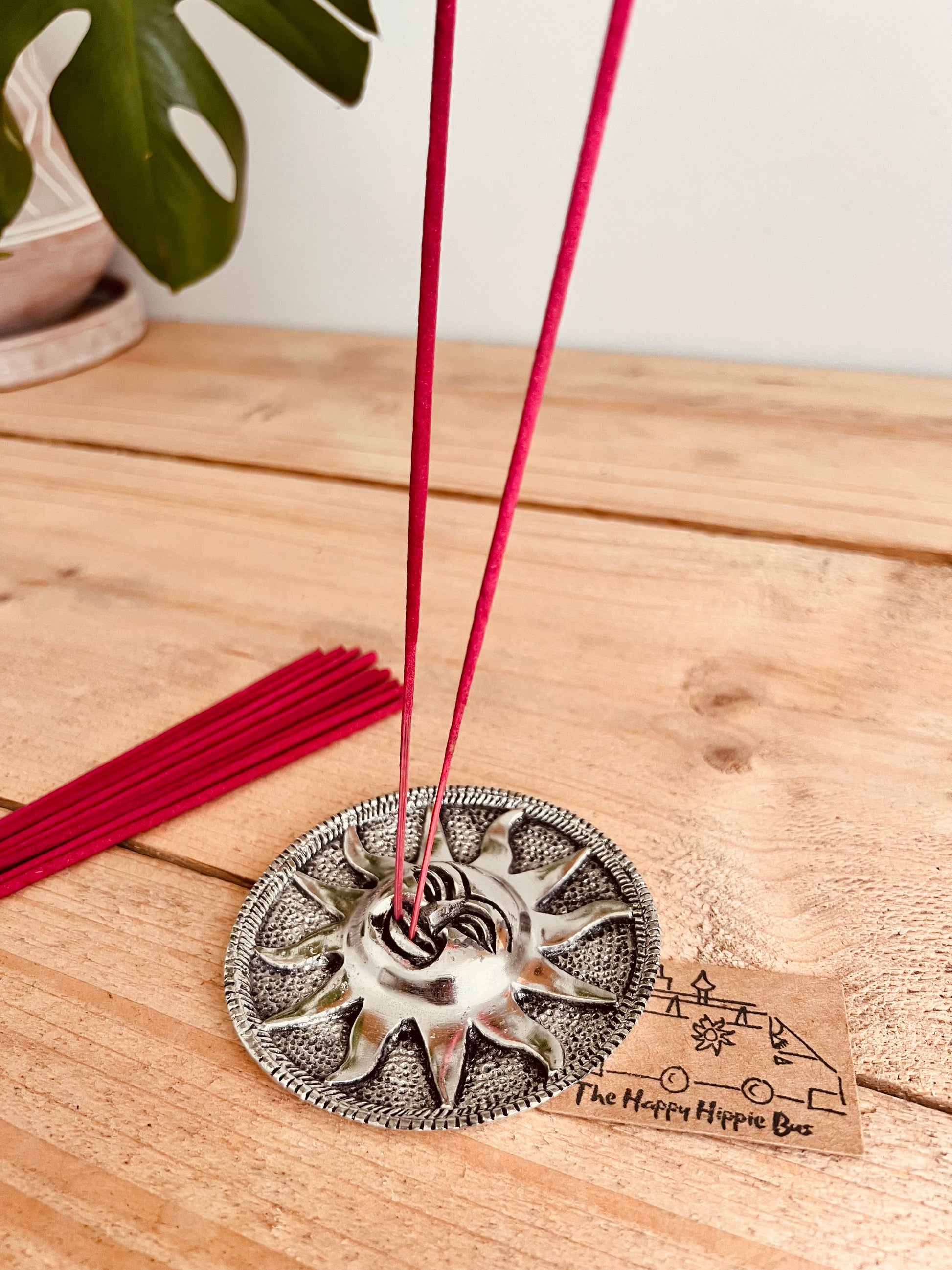 Metal Sun sunshine incense stick holder incense burner ash catcher handmade fair trade ethical recycled metal incense stick holder tray hippie boho Indian incense 