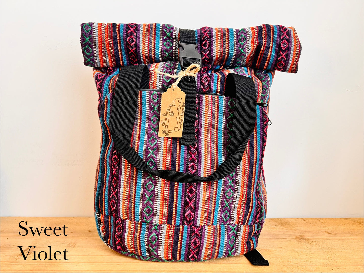Roll Top Boho Strip Backpack