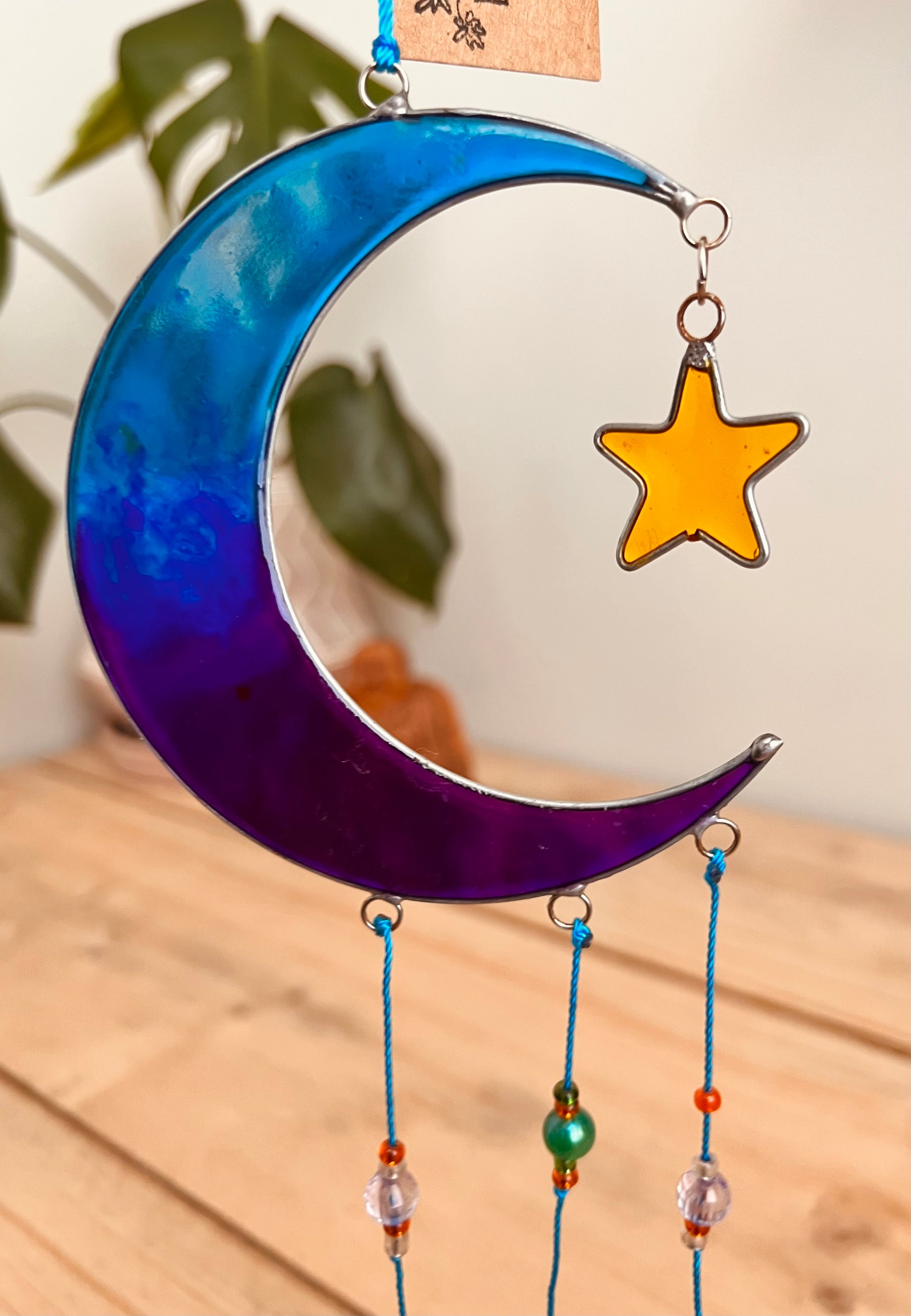 Crescent Moon and star blue sun catcher suncatcher hanging window decoration stained glass colourful hanging decoration handmade fair trade and ethically sourced