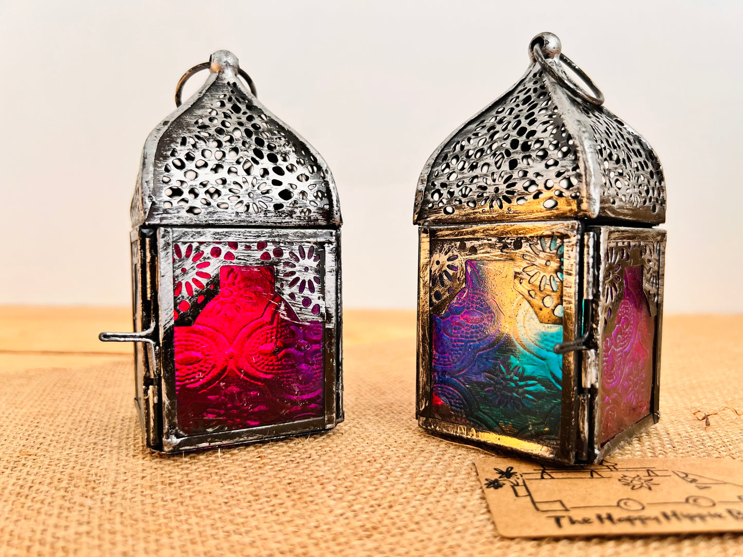 Recycled Silver Metal Moroccan Style Lantern With Pink & Turquoise Glass