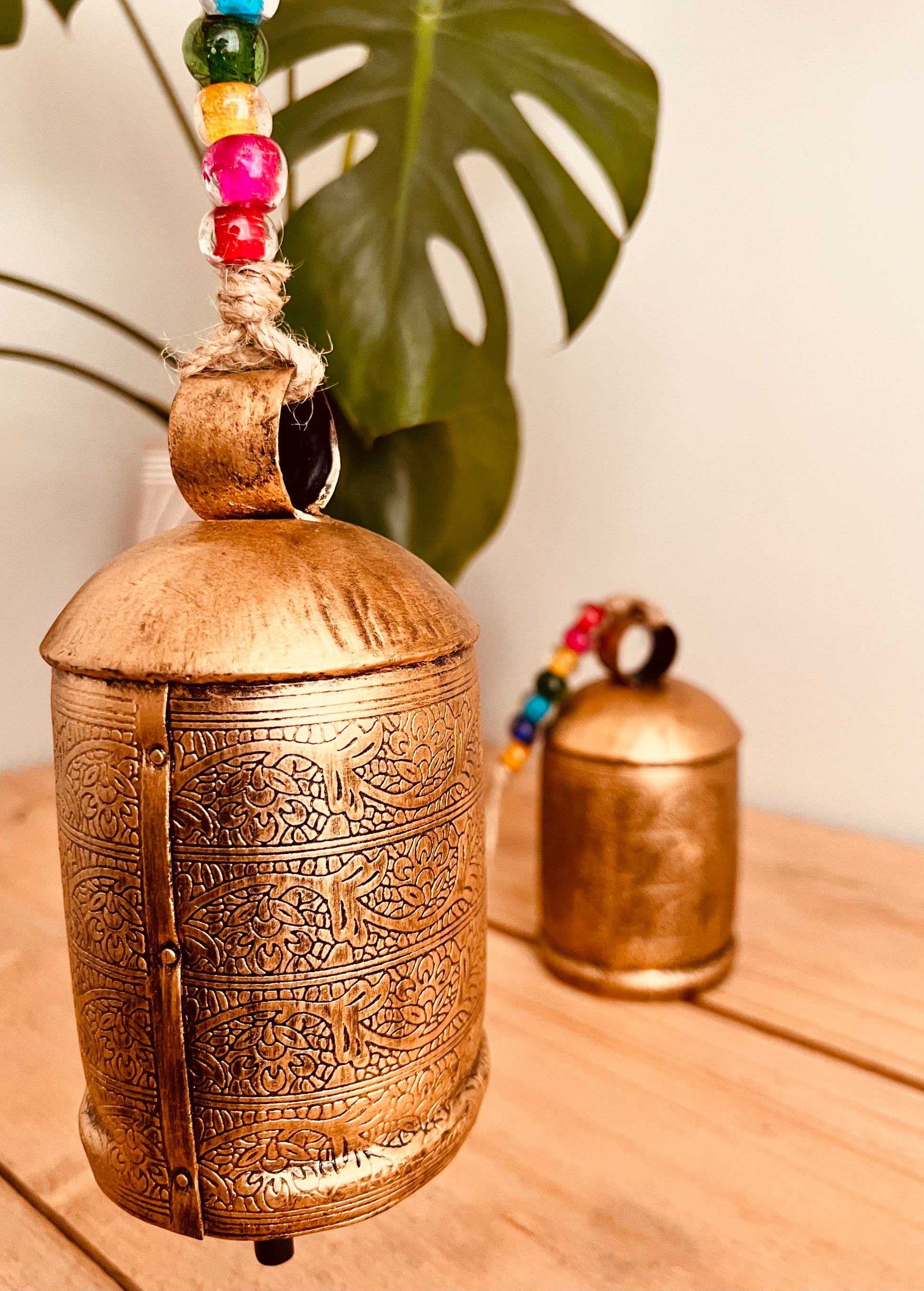 Large Rustic Hanging Gold Indian Cow Bell Handmade Fair Trade Gold Glass Beads Bohemian Hippie