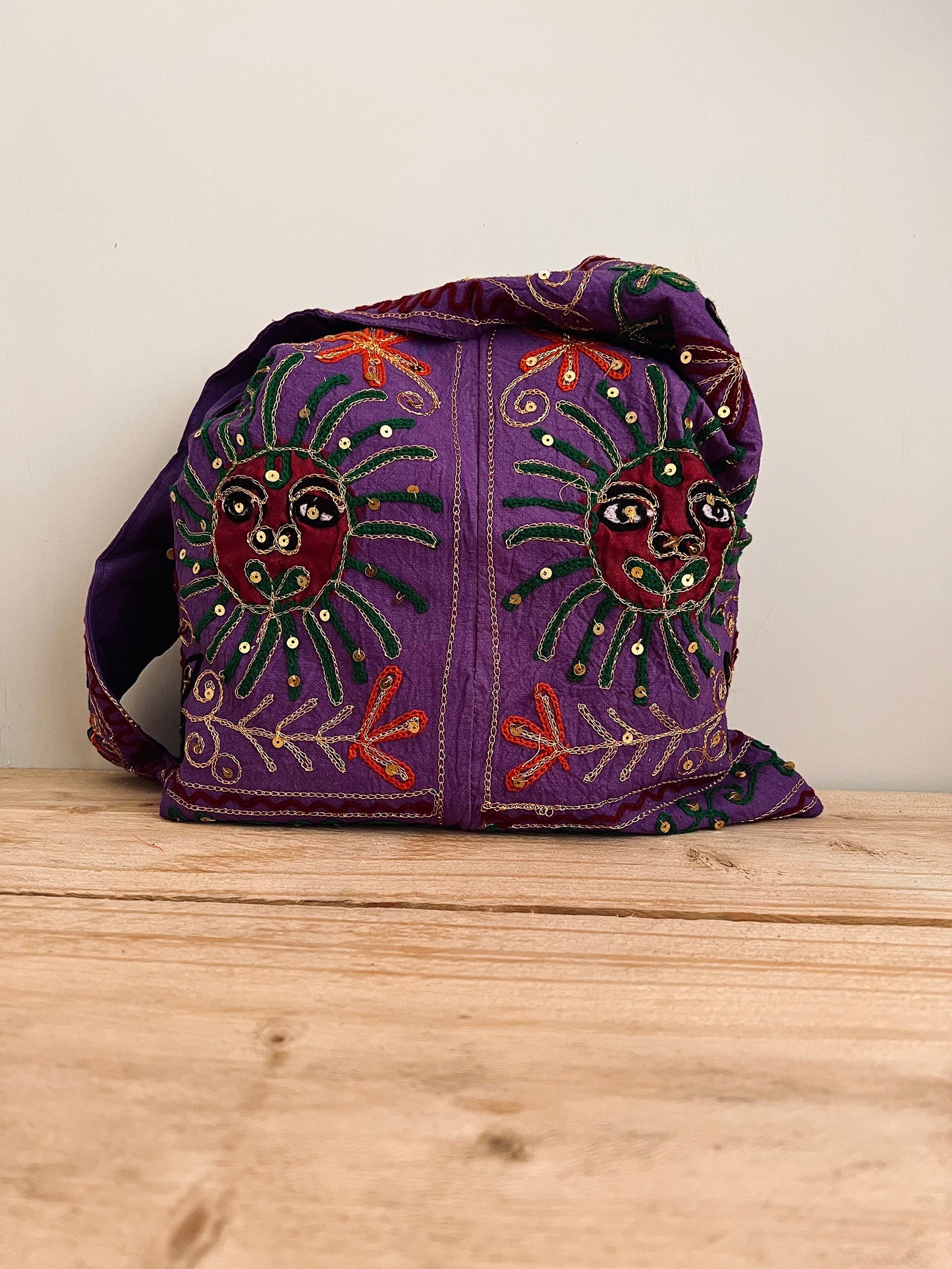 Handmade Fair Trade Hand Embroidered Smiling Indian Sun Shoulder Bag Festival Travel Bohemian Bag Purple