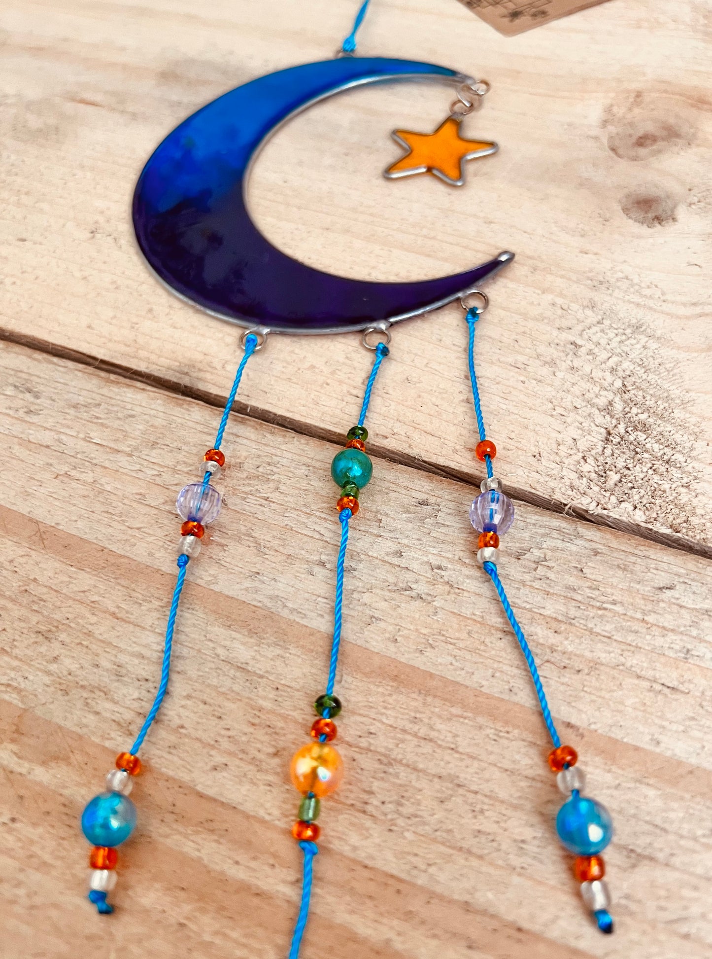 Crescent Moon and star blue sun catcher suncatcher hanging window decoration stained glass colourful hanging decoration handmade fair trade and ethically sourced