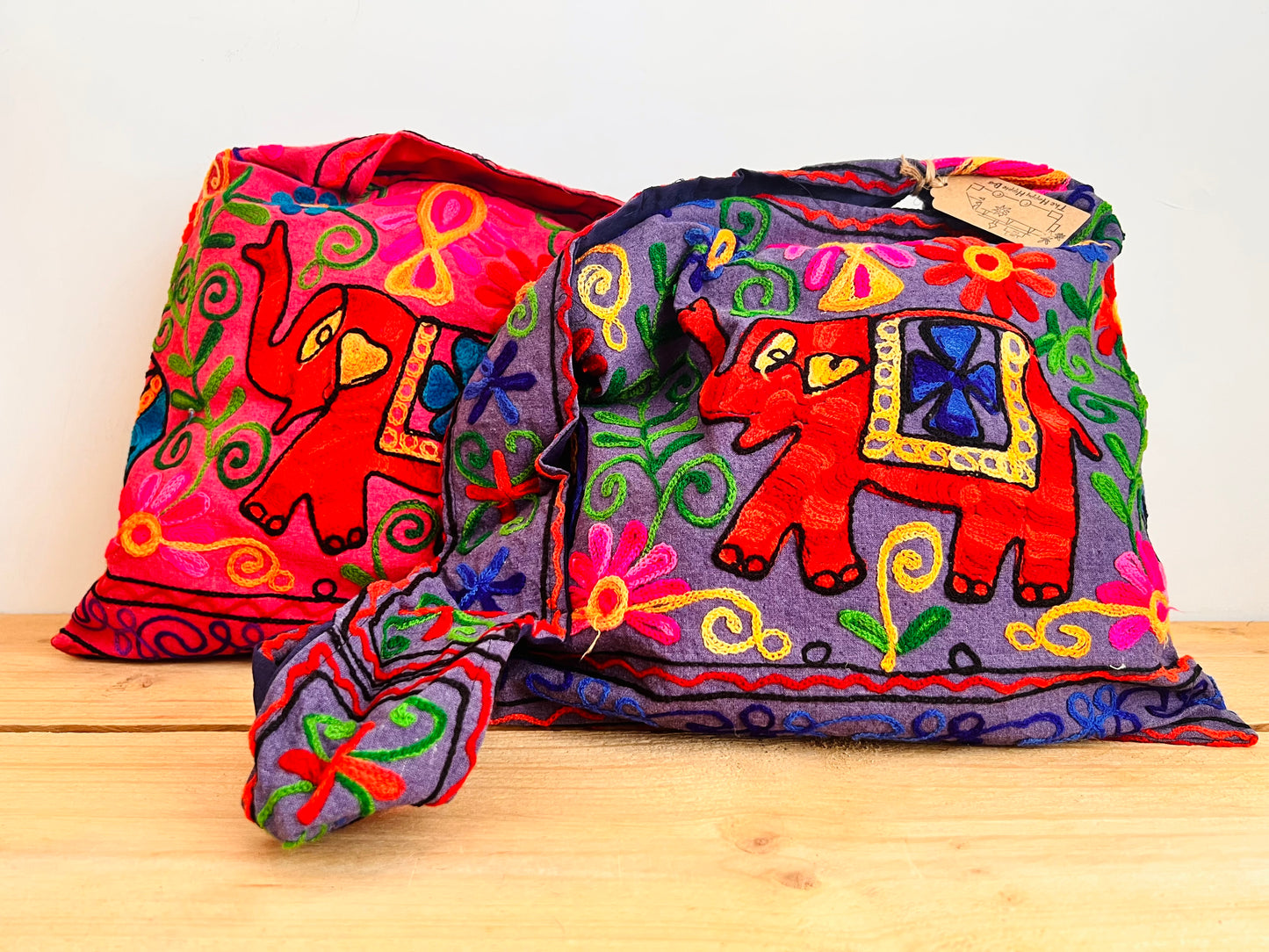 Hand Embroidered Elephant Shoulder Bag Pink & Purple