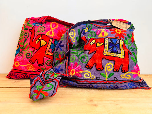 Hand Embroidered Elephant Shoulder Bag Pink & Purple
