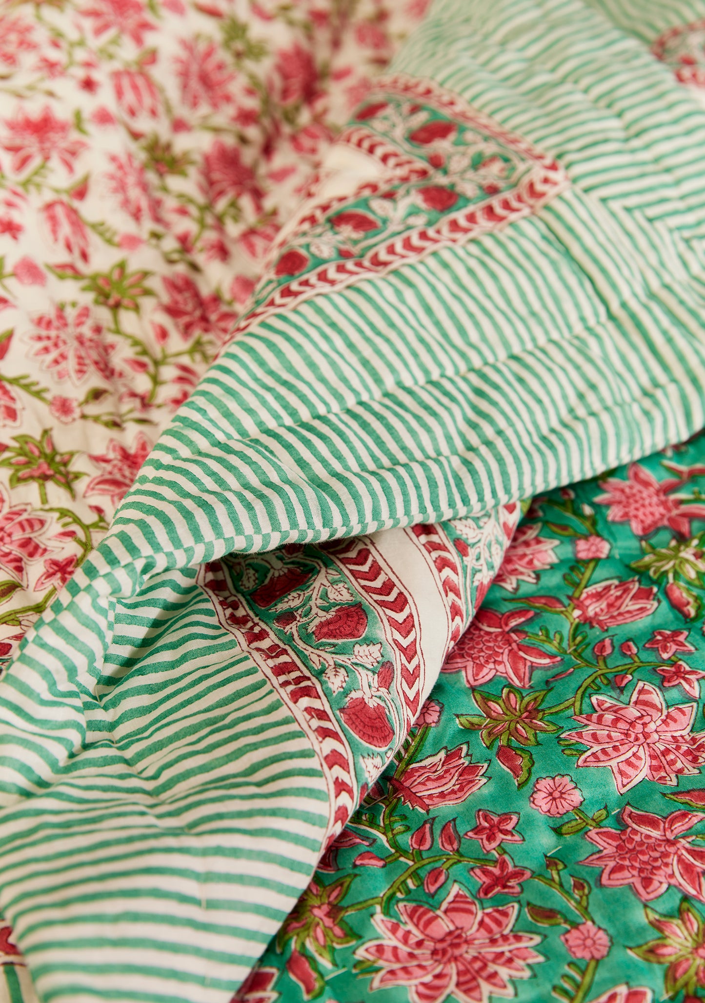 Handmade Fair Trade Ethically Sourced Bohemian Hippie Green Revers-able Bedspread  Green Pink Yellow Throw Blanket Qulit 
