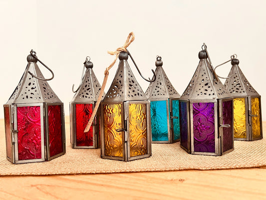 Handmade Fair Trade Ethically Sourced Recycled Metal Glads Lantern Moroccan Style T Light Holder Small Colourful Boho Hippie Decor Orange Purple Green Blue Purple Yellow Pink Red Silver Mini Lantern 