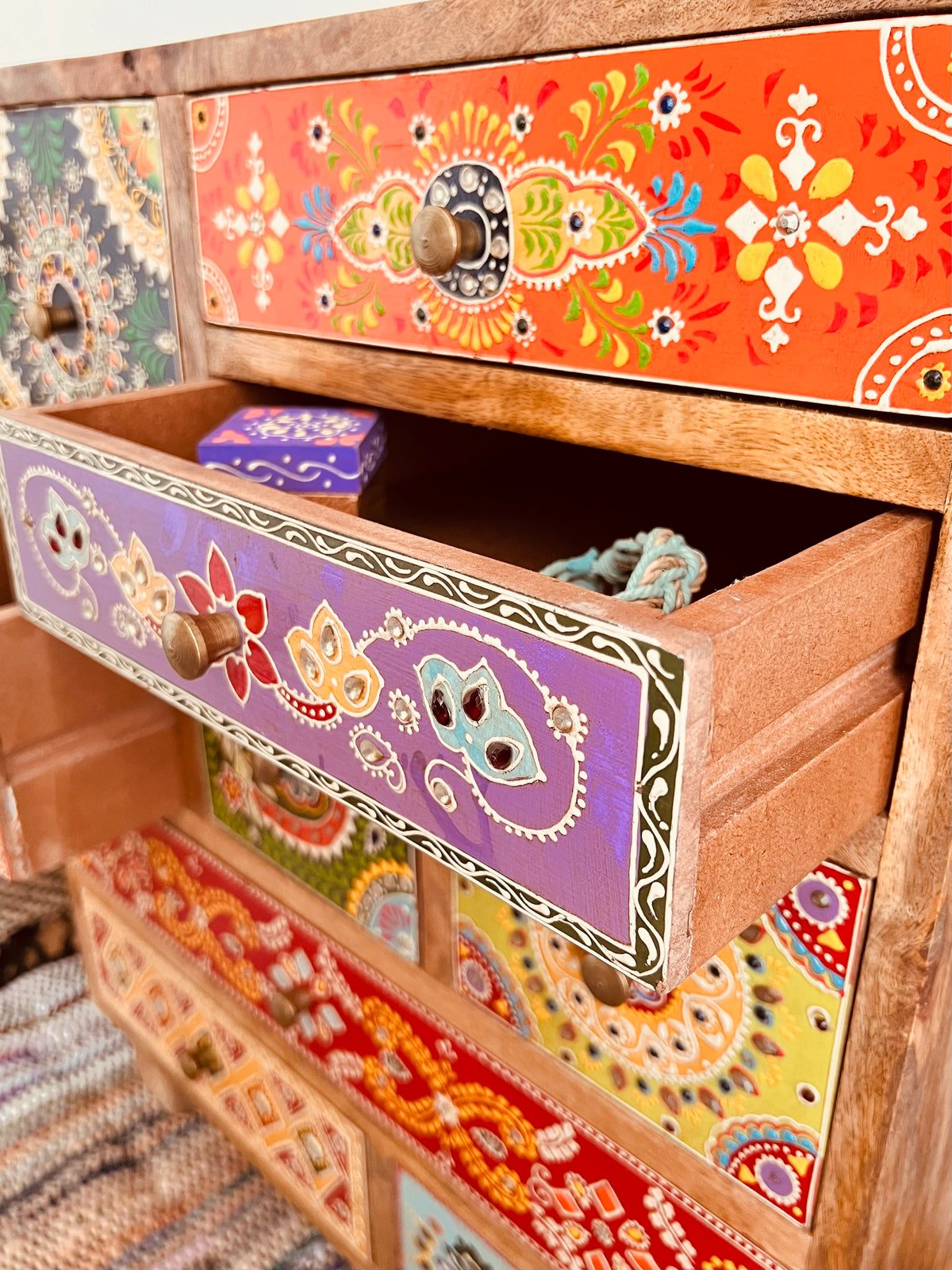 Hand Painted Bohemian 9 Drawer Cabinet Chest - Bedroom Living Room Decor