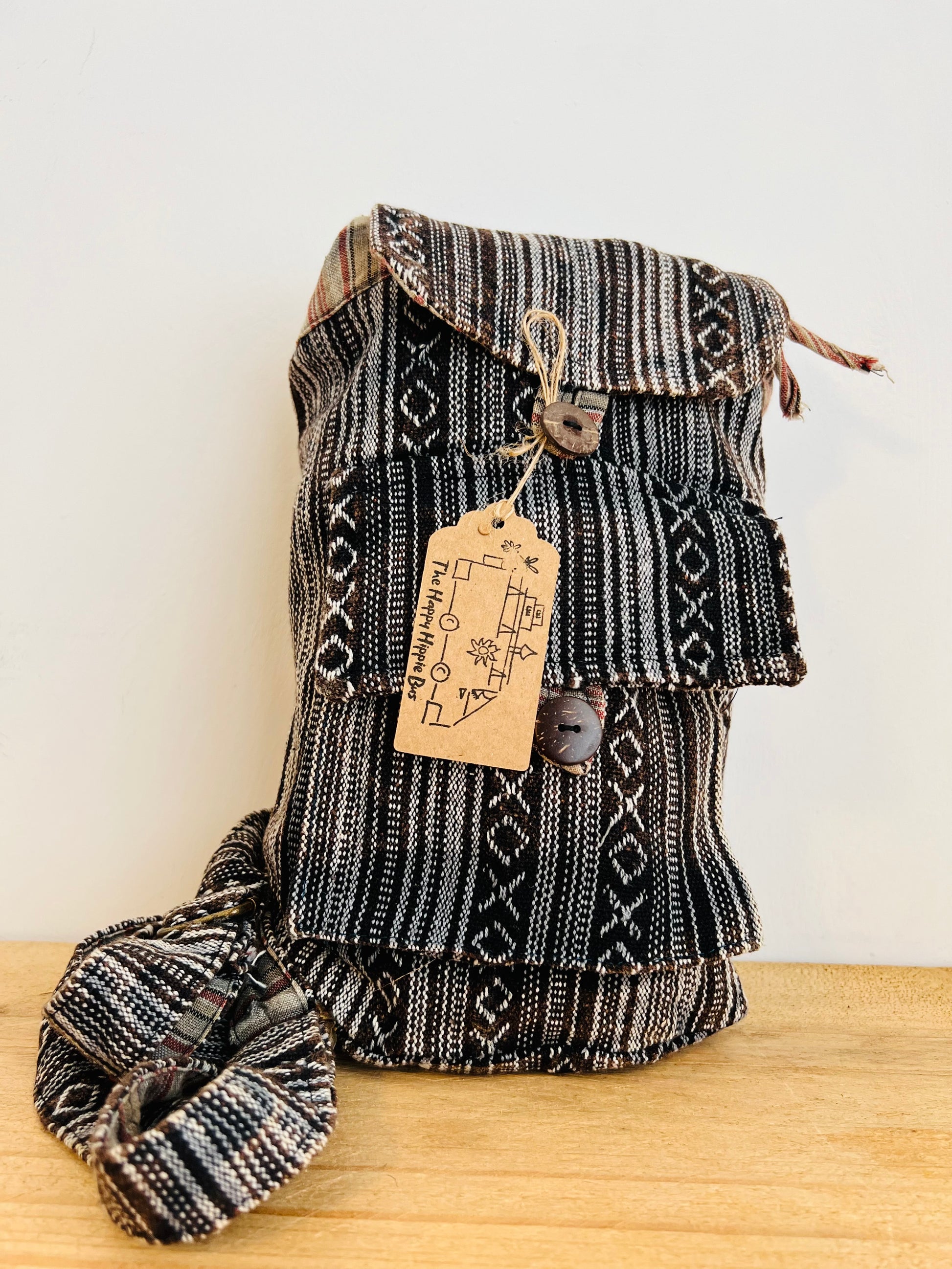 Handmade Fair Trade Recycled Cotton Mini Backpack Hippie Bohemian Style Travel Festival Holiday Black grey Stripe
