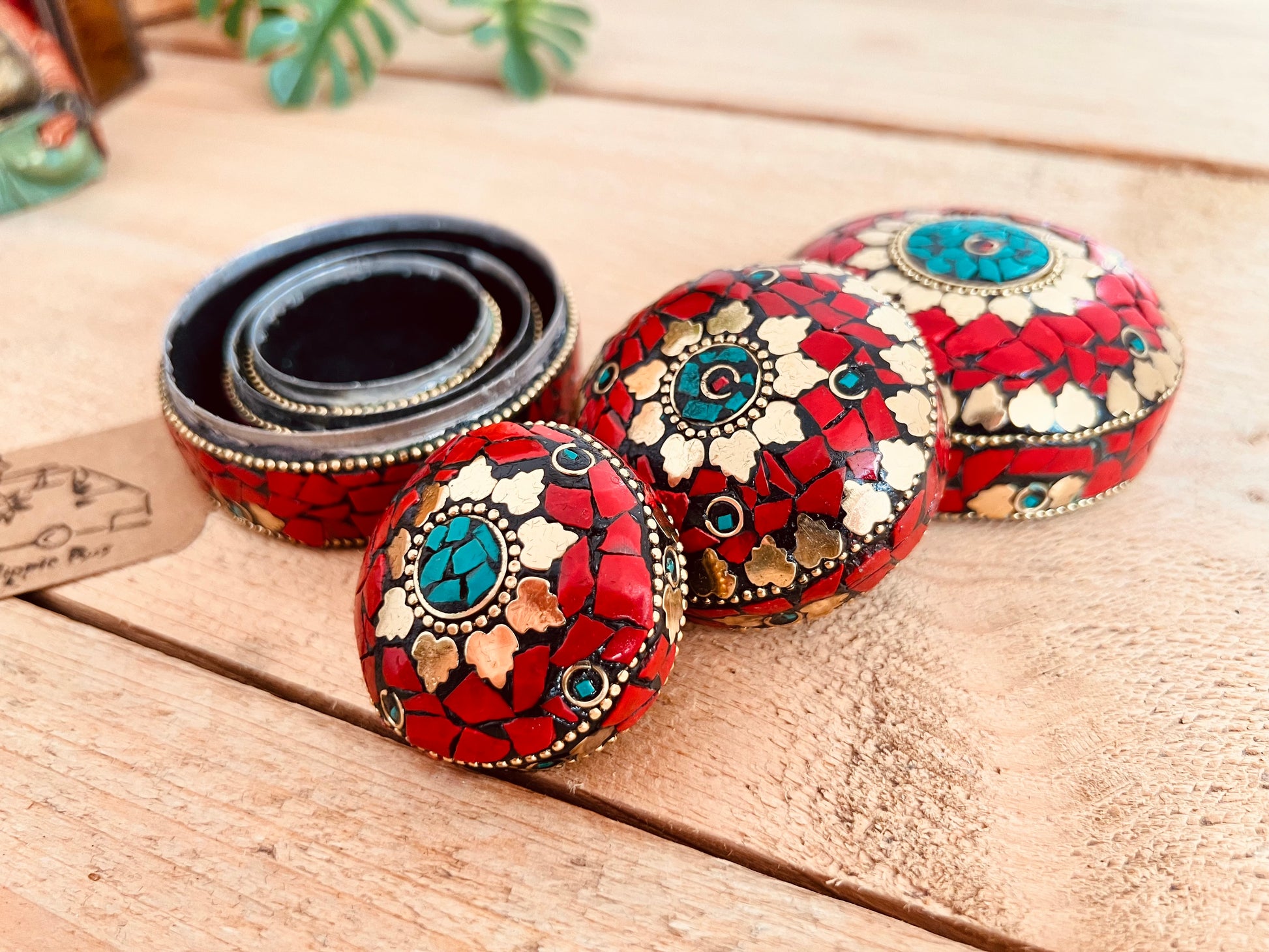 Red & Gold Mosaic Mini Trinket Boxes in three sizes showing the nesting of the Metal Boxes, Handmade Fair Trade Round Decorative Small Jewellery Storage