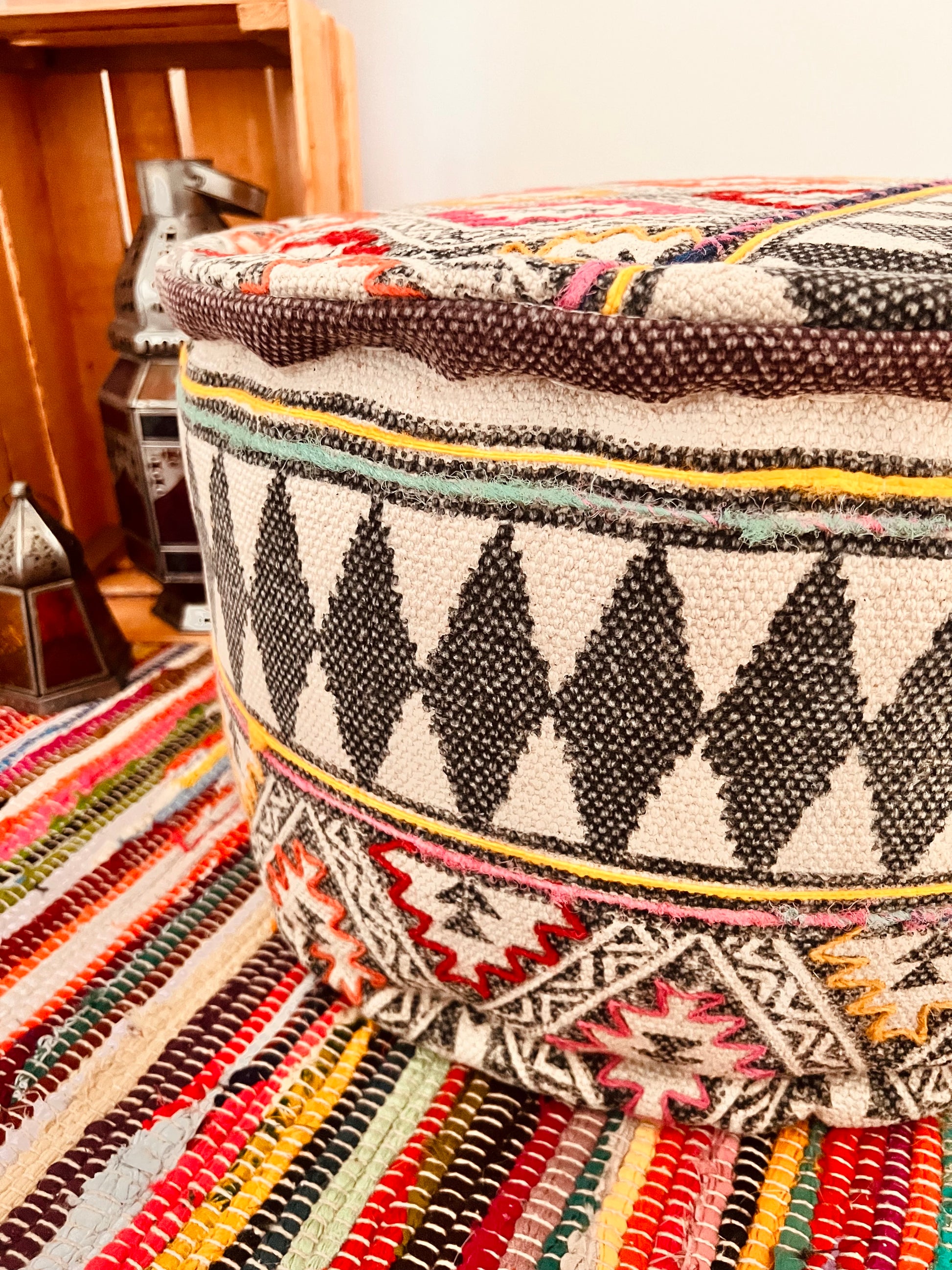 handmade large round footstool pouffe in tribal boho design fair trade and ethically sourced