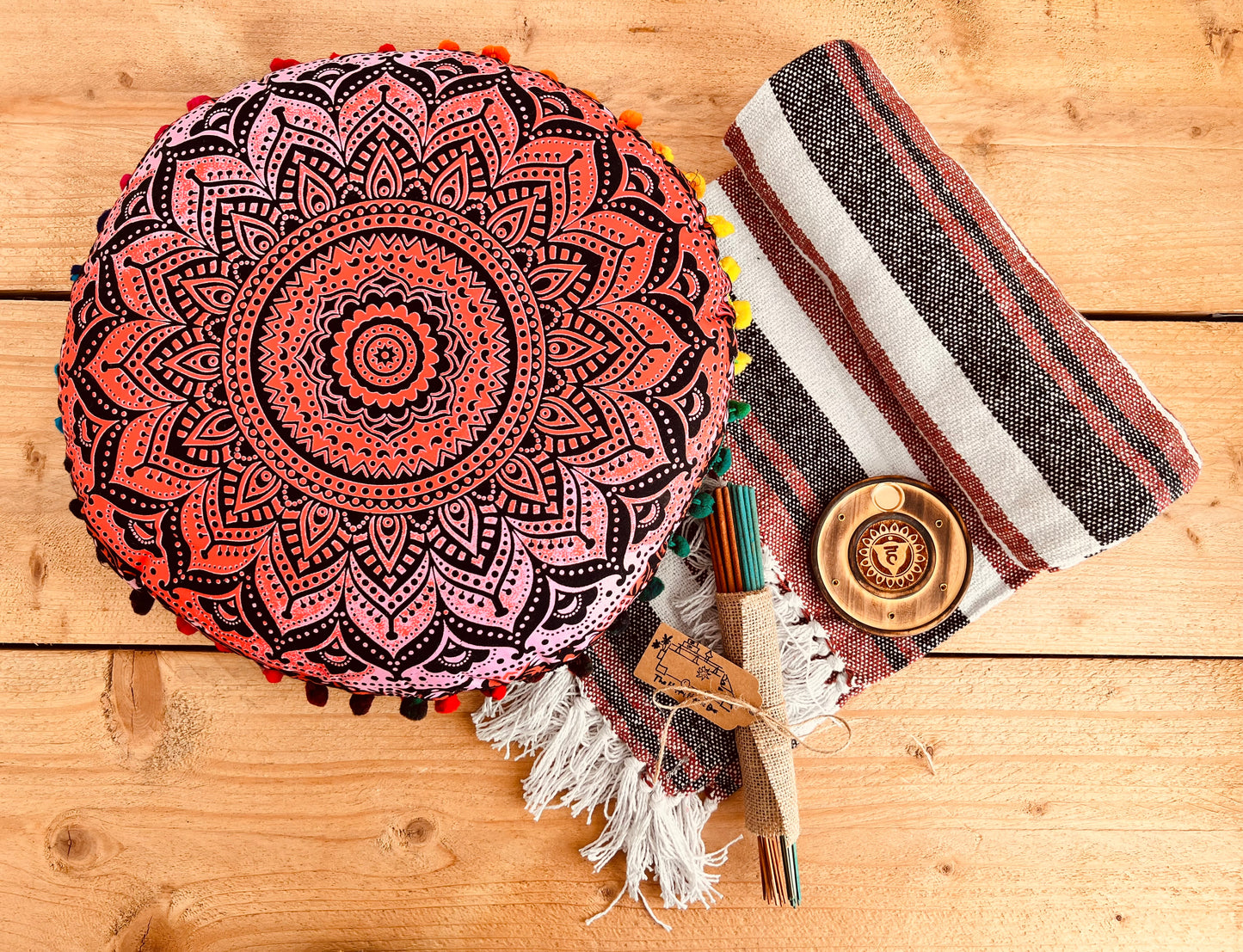 Handmade red meditation set with cushion, throw, incense and holder – eco-friendly yoga gift set for mindfulness and relaxation