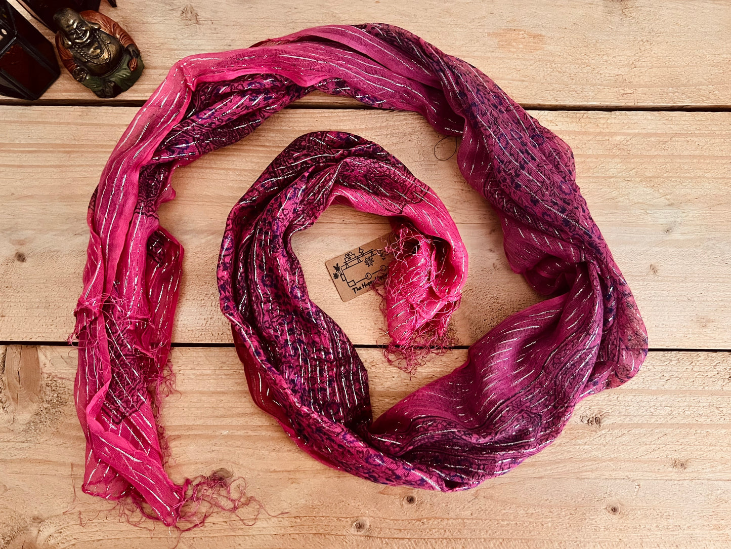 Raspberry red pink Colourful Handmade lightweight boho ethnic print scarf with silver lurex thread, soft lightweight shawl scarves with tassel edge, boho hippie chic accessories 