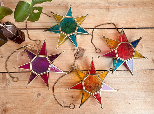 Hanging star stained glass Moroccan style colourful lantern fair trade handmade ethically sourced boho hippie home decor lantern 