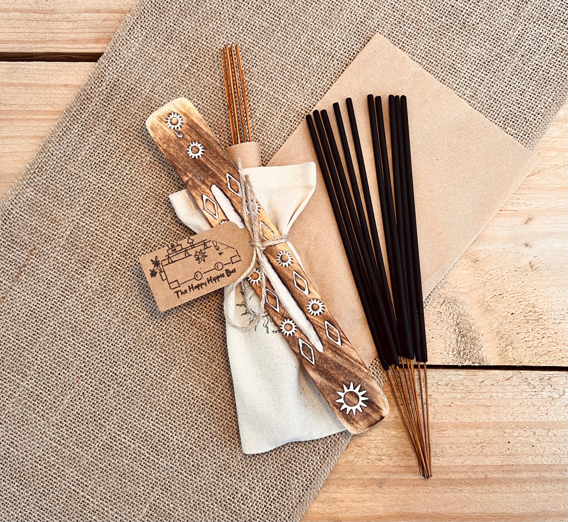 Cedarwood & Spice hand dipped, handmade incense sticks with mango wood carved incense holder , premium fair trade UK made incense, eco friendly cotton pouch and Kraft paper packaging 