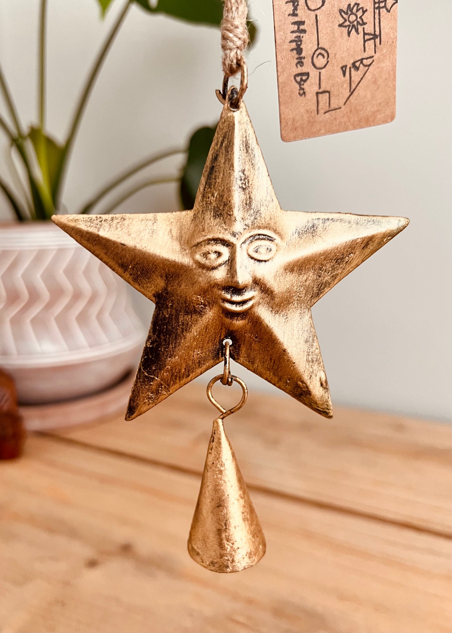 Handmade Fair Trade Smiling Gold Star Bell Indian Bell Mini Bohemian Hippie Hanging Decor