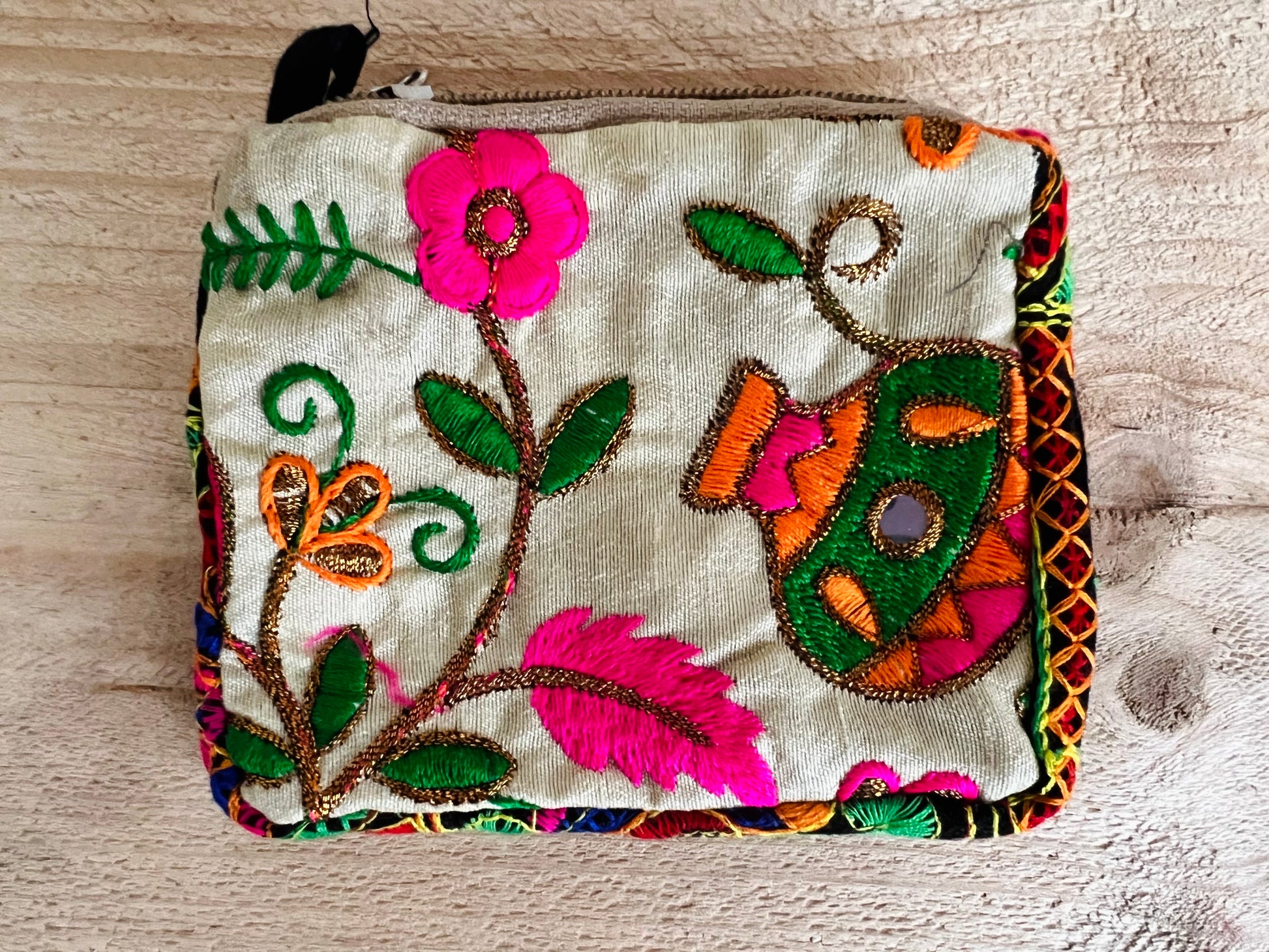 Hand Embroidered Coin Purse Pink & White