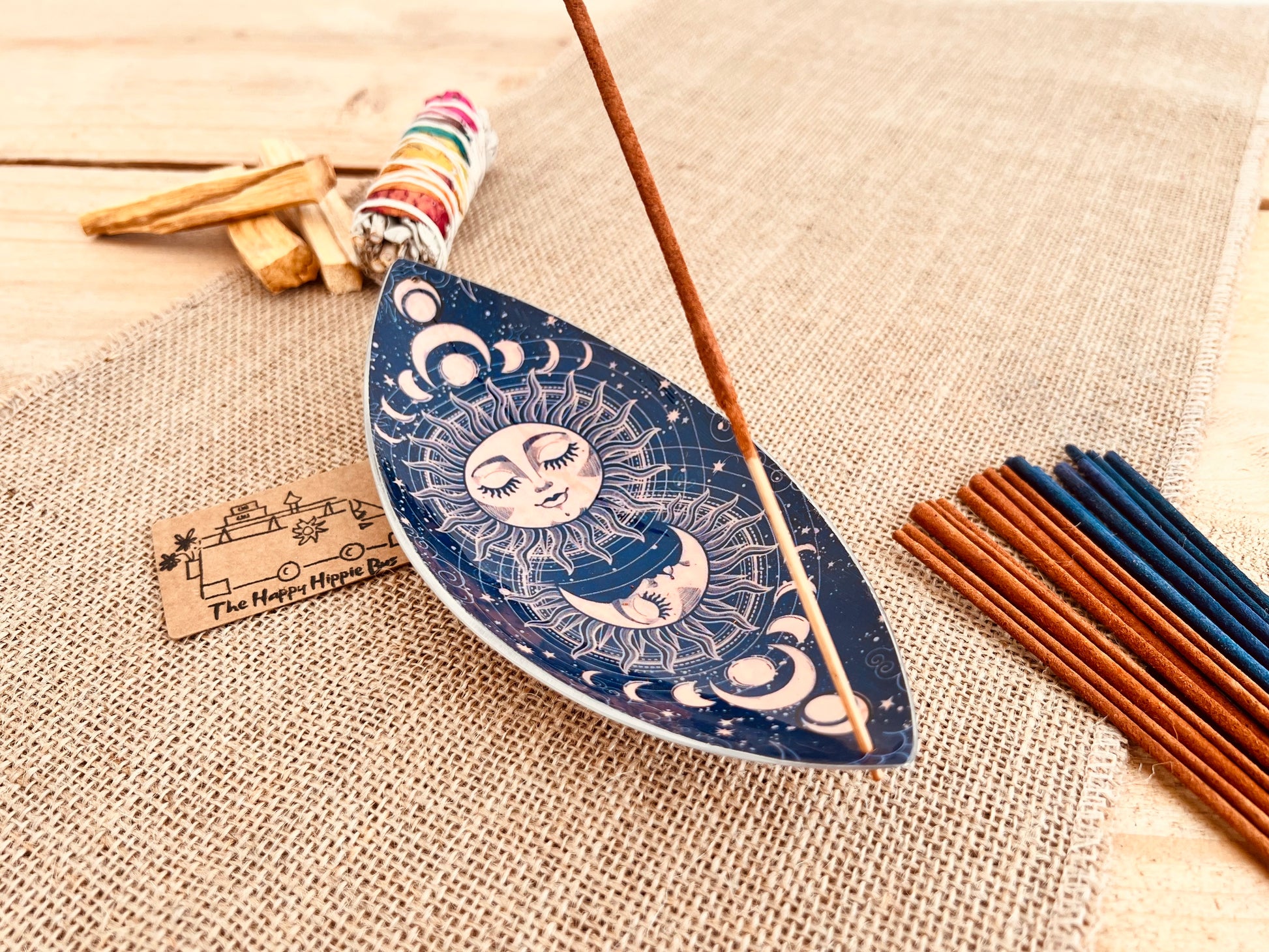 Handmade Fair Trade Ethically Sourced Bohemian Hippie Incense Holder Moon & Sun Design 
