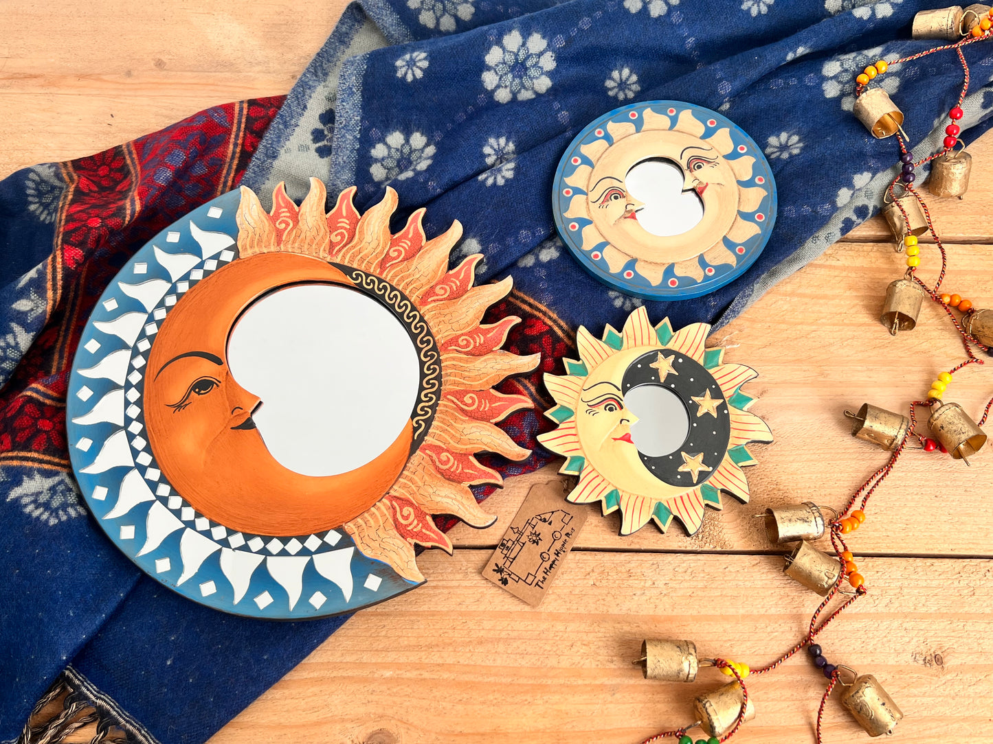 set of three sun, crescent moon & star wooden wall mirrors, handmade colourful boho wall hanging mirrors, boho hippie home decor