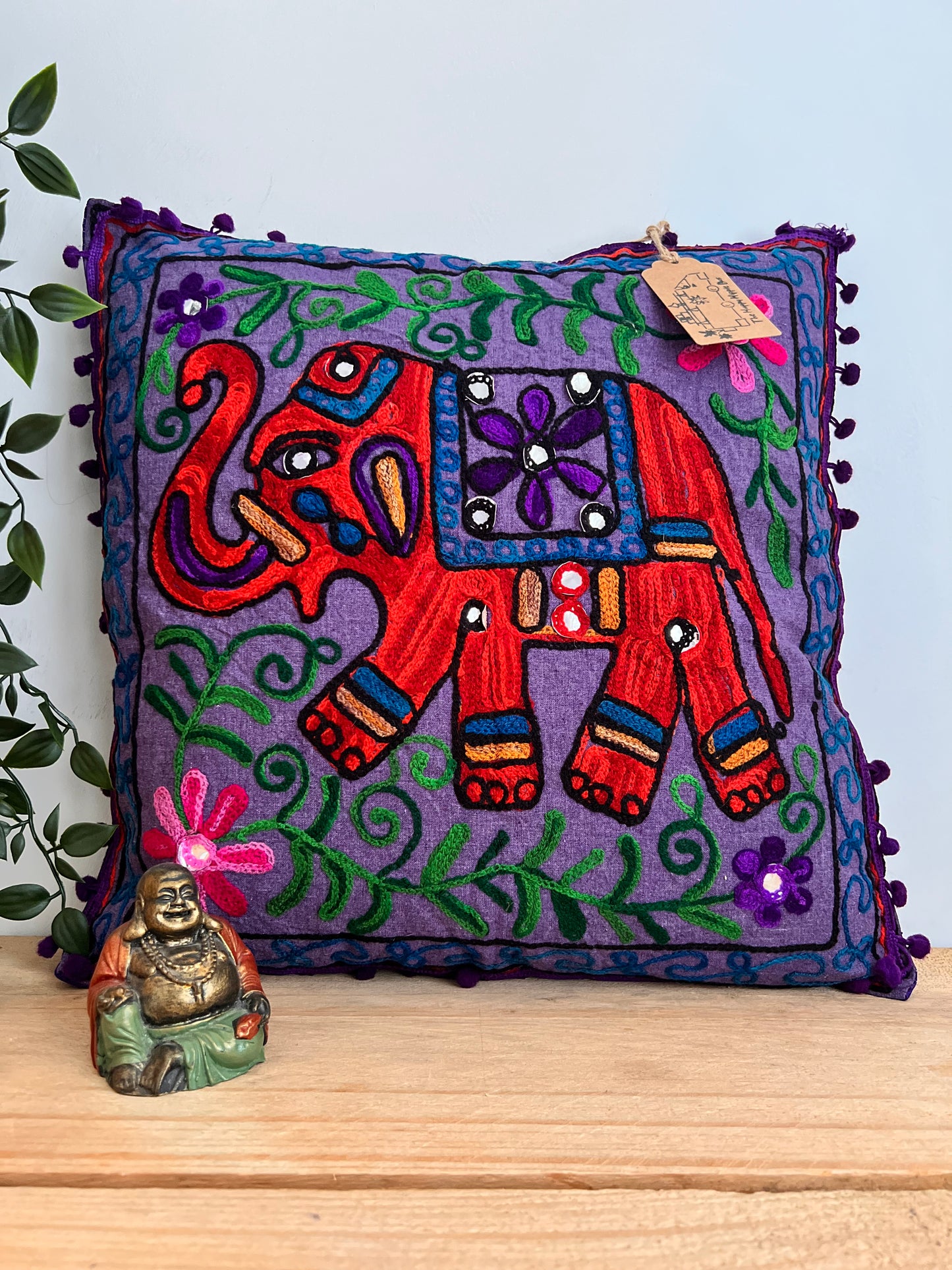 Handmade Embroidered Bohemian Elepahnt Pink Purple Hippie Cushion Cover With Pom Pom Edge Fair Trade Ethically Sourced Handmade