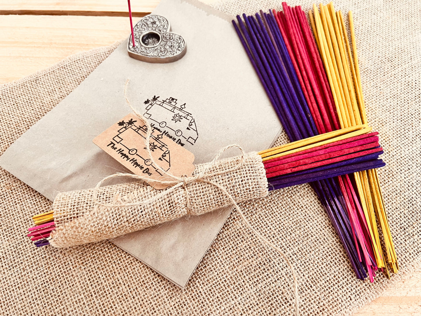 30 Vibrantly colourful summer mix incense sticks, handmade plastic free eco friendly environmentally conscious sustainable incense sticks for home in the summer time, yellow, Purple, pink incense sticks wrapped in hessian burlap wrap, fair trade and ethically sourced summer home fragrance incense