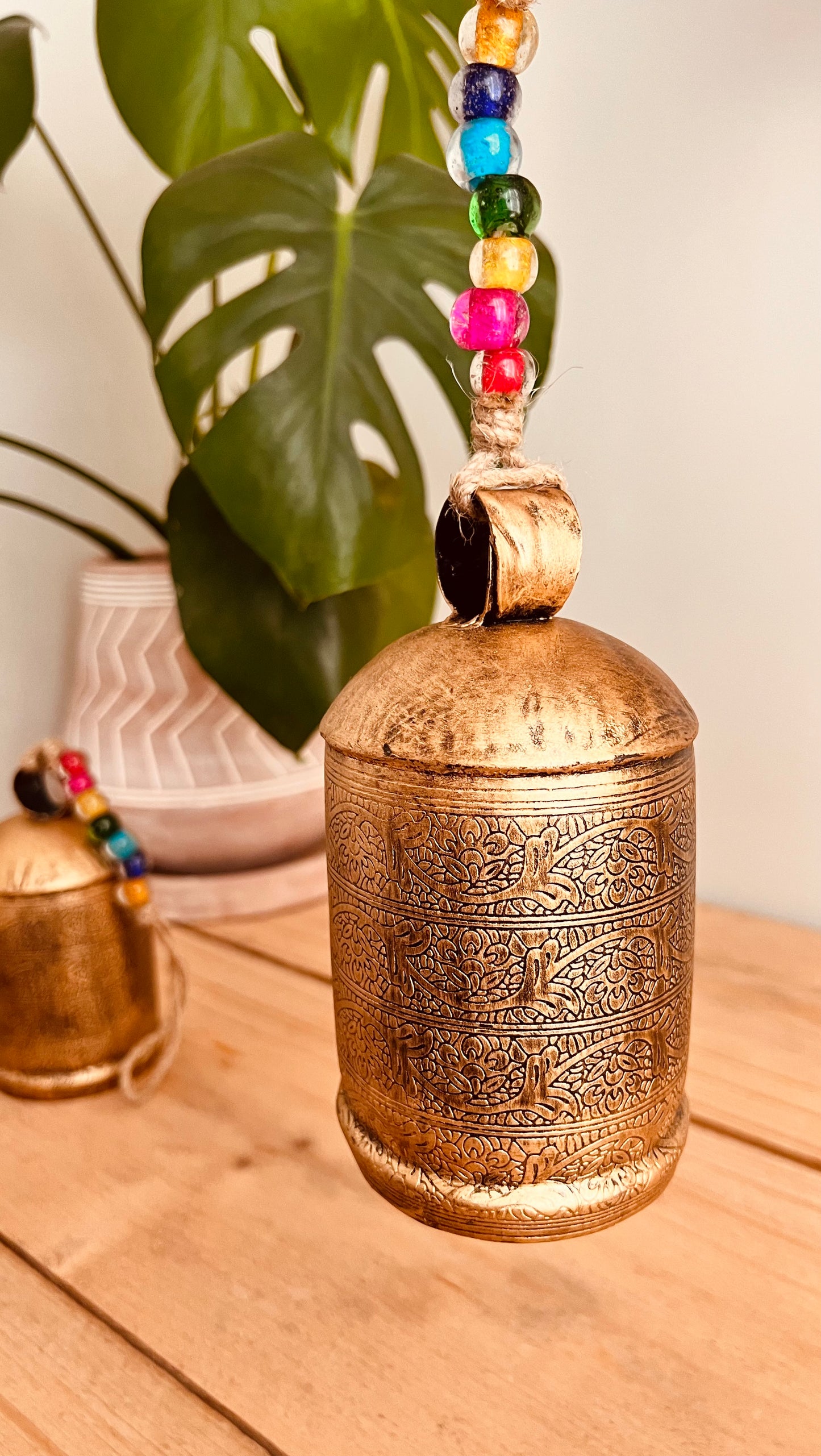 Large Rustic Hanging Gold Indian Cow Bell Handmade Fair Trade Gold Glass Beads Bohemian Hippie