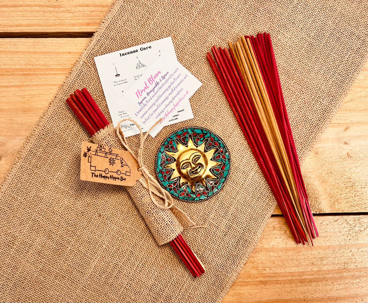 Summer Scented Incense Sticks Floral Bloom Jasmine, Honeysuckle, Opium Incense Bundle Plastic Free Hessian Wrapped