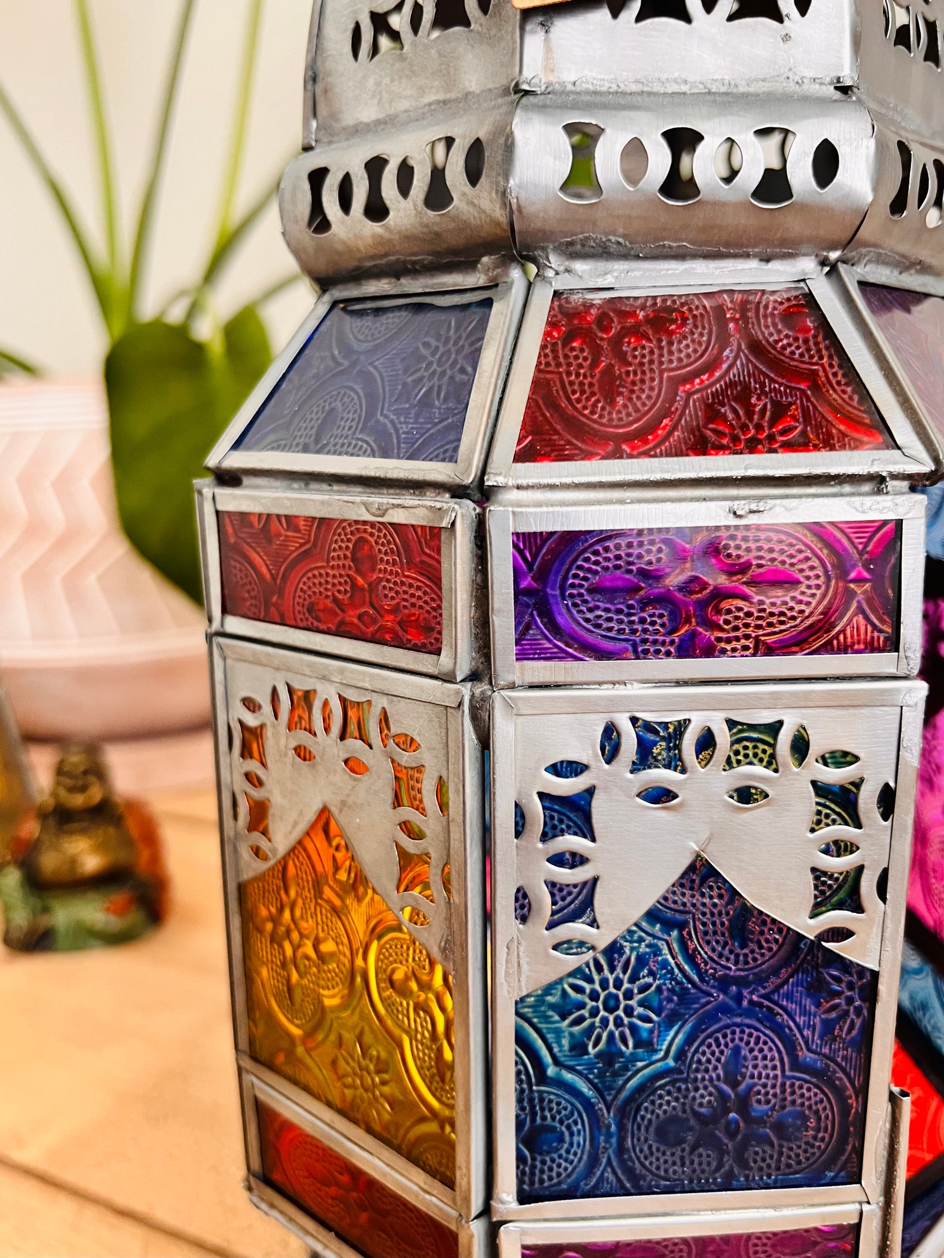 Large Moroccan Style stained glass lantern tea light recycled metal candle holder fair trade handmade ethical lantern