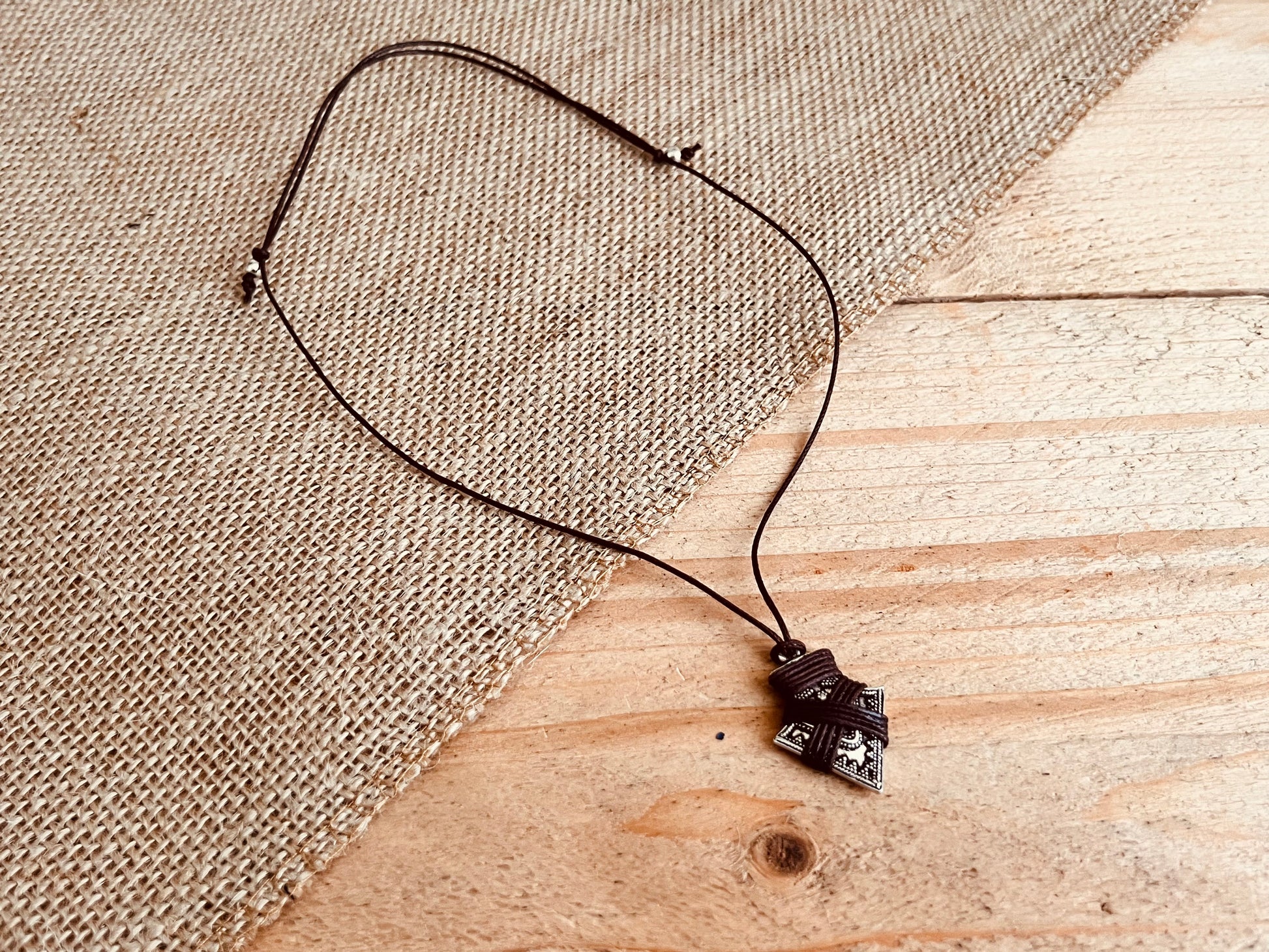 Handmade Fair Trade Hippie Bohemian Surfer Arrow Head Silver Necklace With Brown Cord Men’s Surfer Necklace 