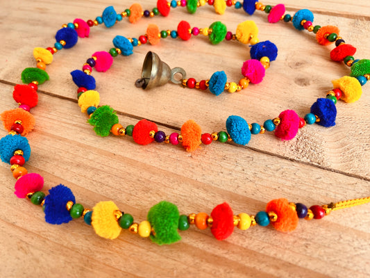 Long string of colourful handmade pom pom bells, hanging string of bells & beads, home living boho hippie decor bells, handmade, fair trade, ethically sourced