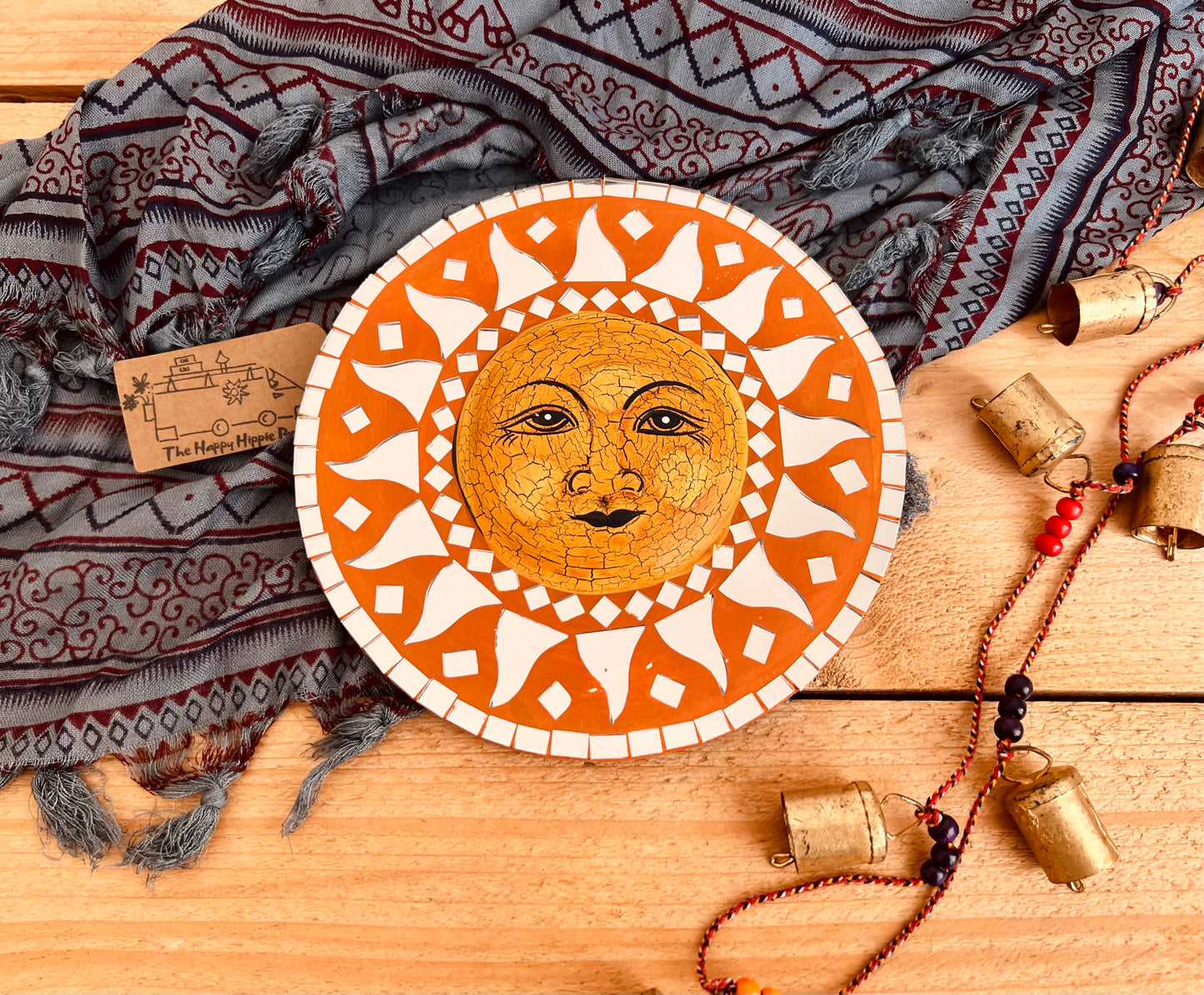 Round sun design wall hanging hippie boho wall mirror in rustic orange painted design handmade & fair trade mirror home decor
