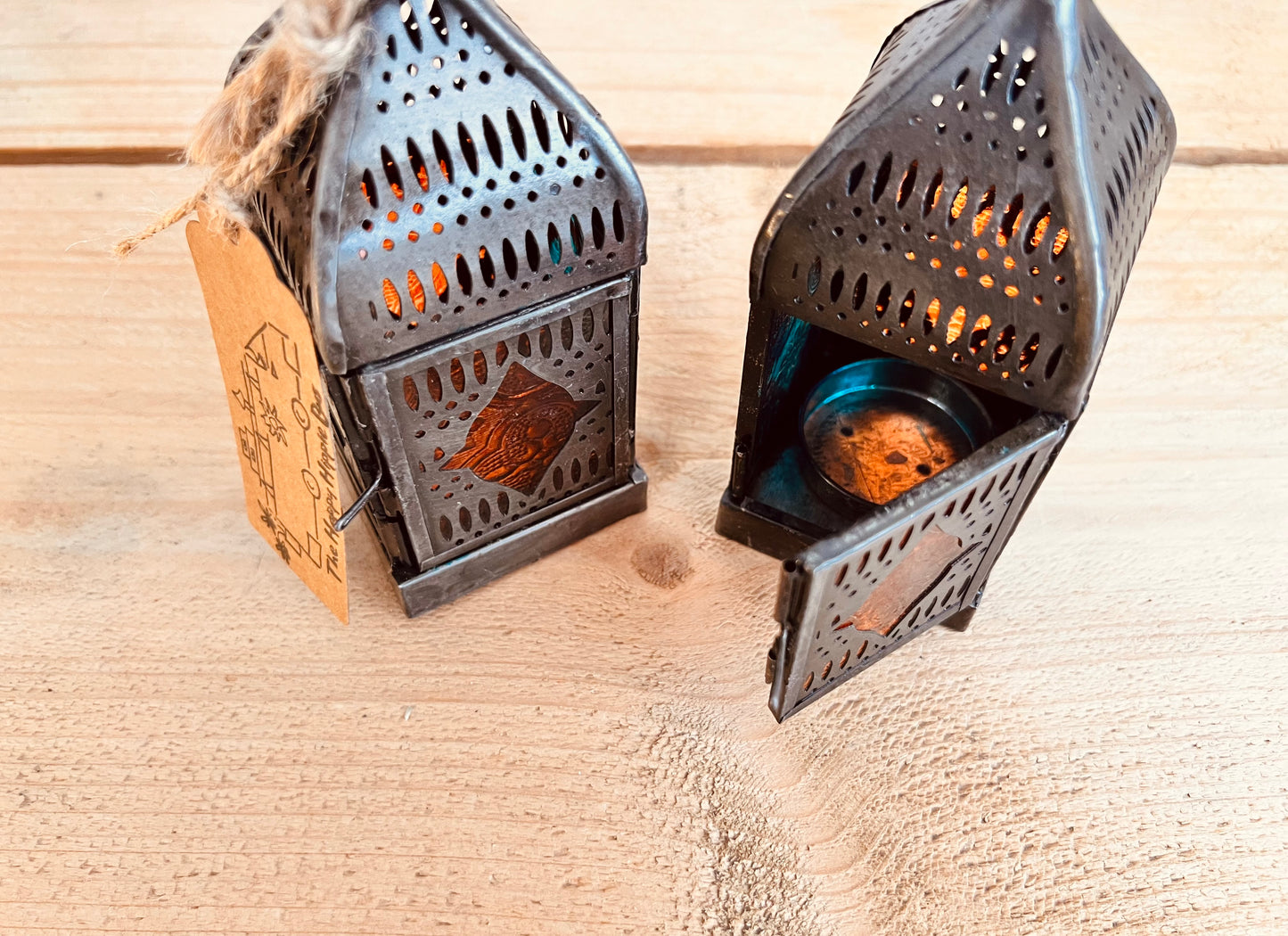 Handmade Faire Trade Ethically Sourced Bohemian Hippie Moroccan Style Lantern Silver Orange Blue T Light Holder Mini Gift Hanging Decor Unique Recycled Metal Eco Plastic Free