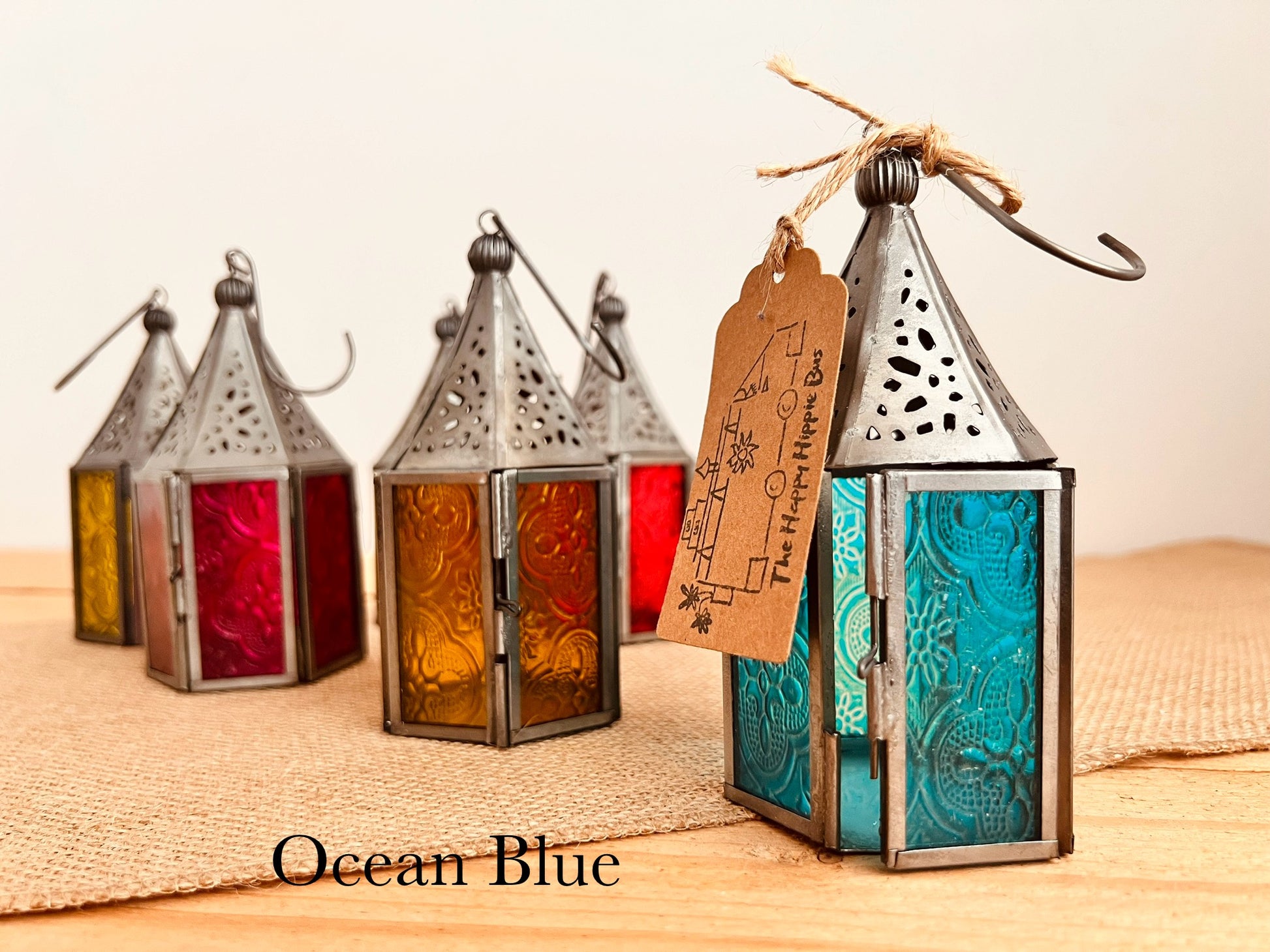 Handmade Fair Trade Ethically Sourced Recycled Metal Glads Lantern Moroccan Style T Light Holder Small Colourful Boho Hippie Decor Orange Purple Green Blue Purple Yellow Pink Red Silver Mini Lantern 