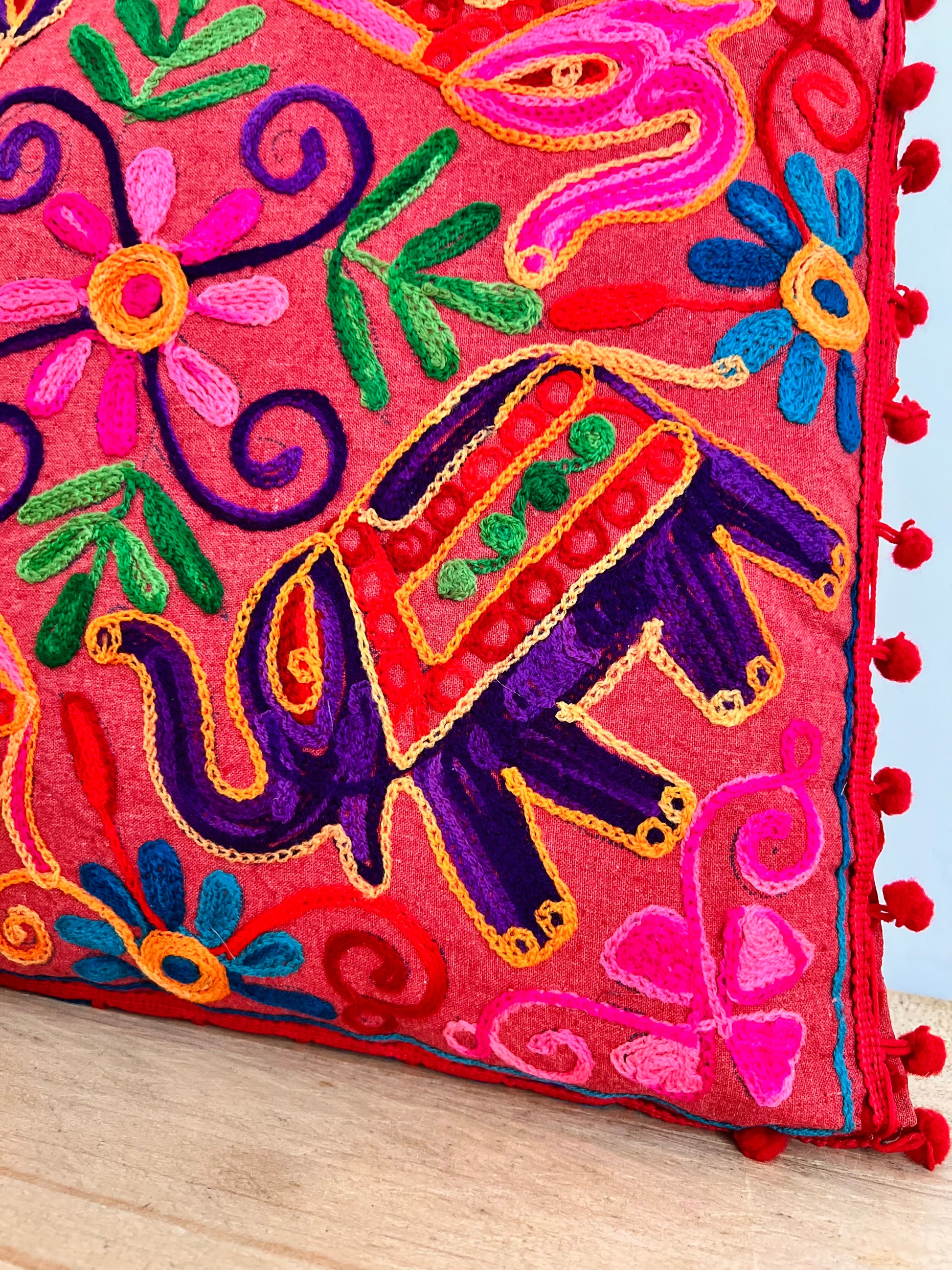 Handmade Embroidered Bohemian Elepahnt Pink Purple Hippie Cushion Cover With Pom Pom Edge Fair Trade Ethically Sourced Handmade