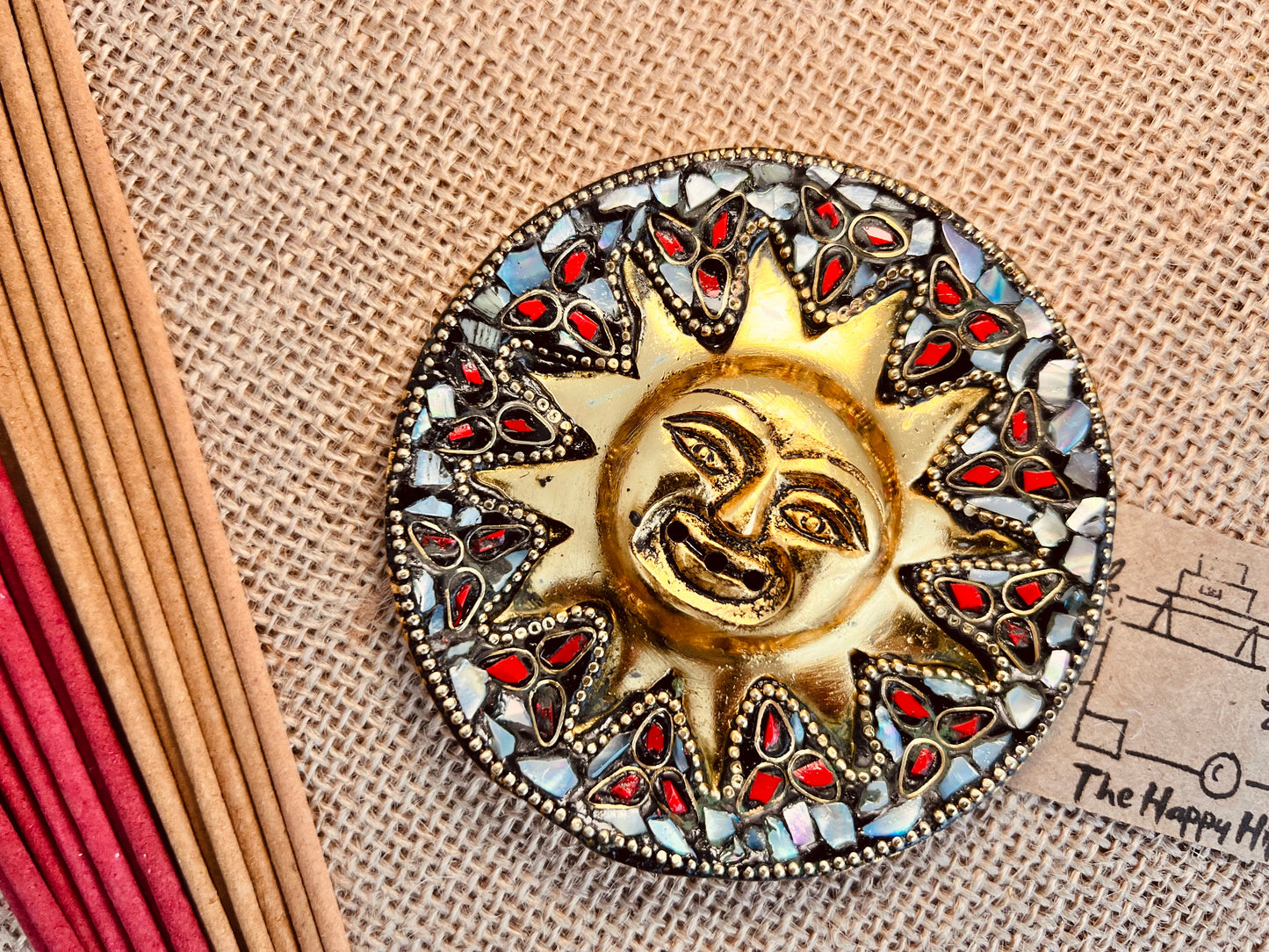 Smiling Gold Sun Incense Stick Holder Ash Catcher