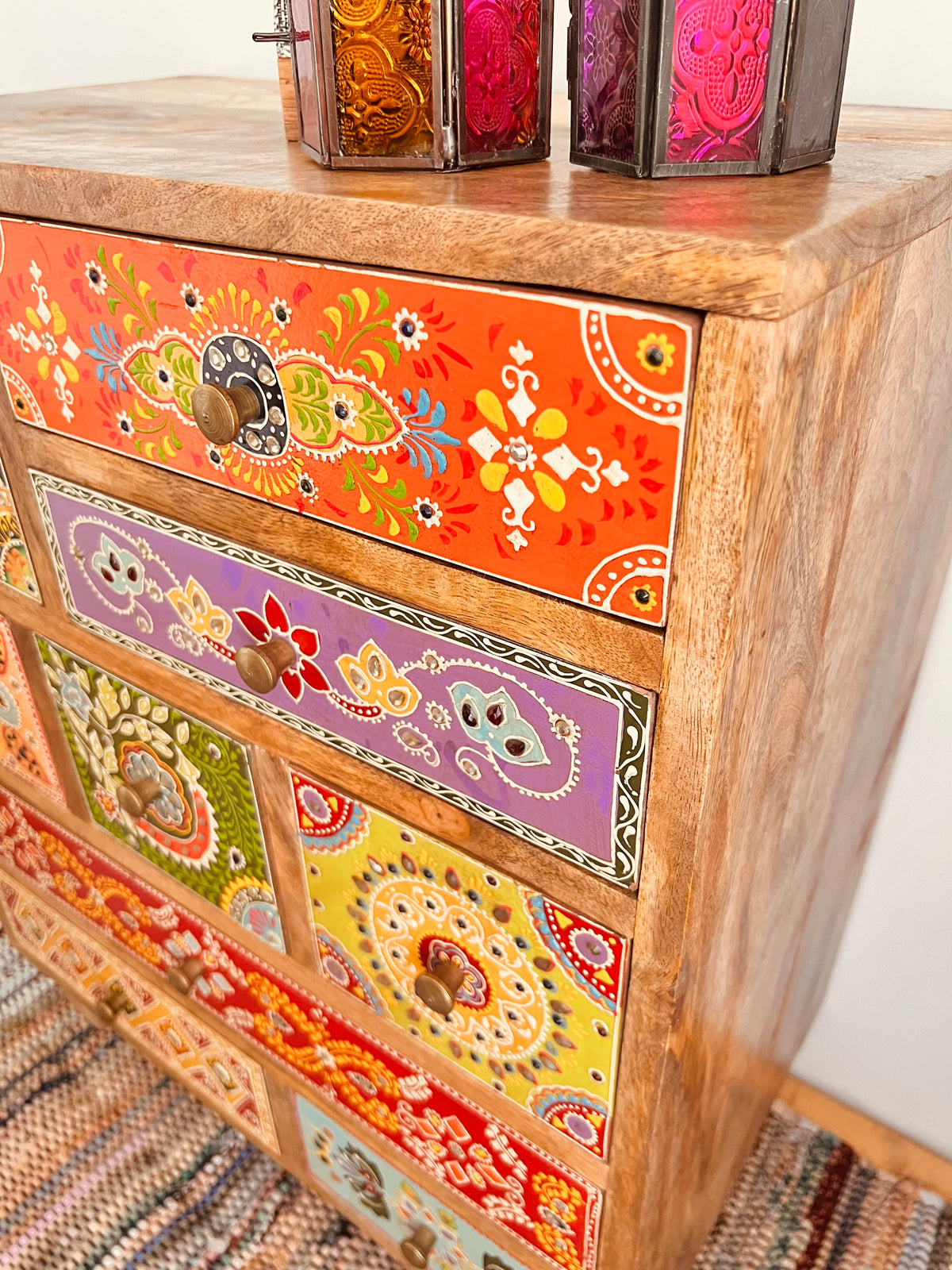 Hand Painted Bohemian 9 Drawer Cabinet Chest - Bedroom Living Room Decor