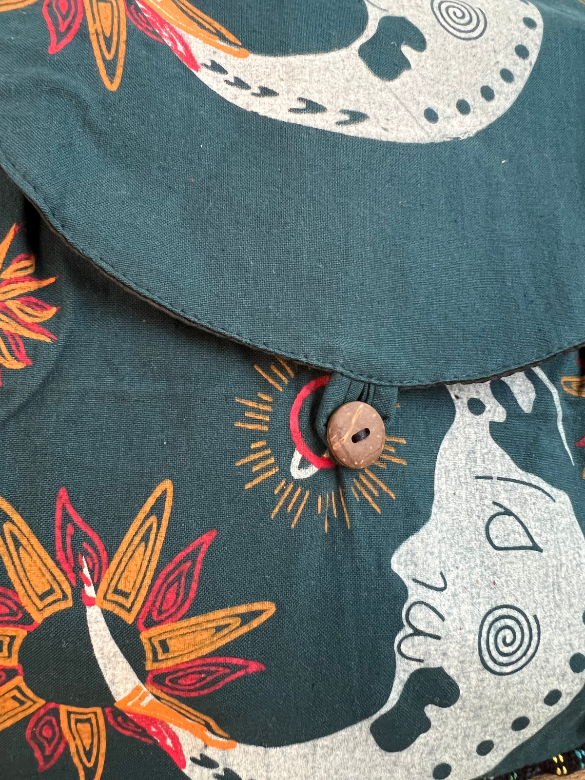 Crescent Moon Hand Printed Backpack Midnight Blue & Earth Green