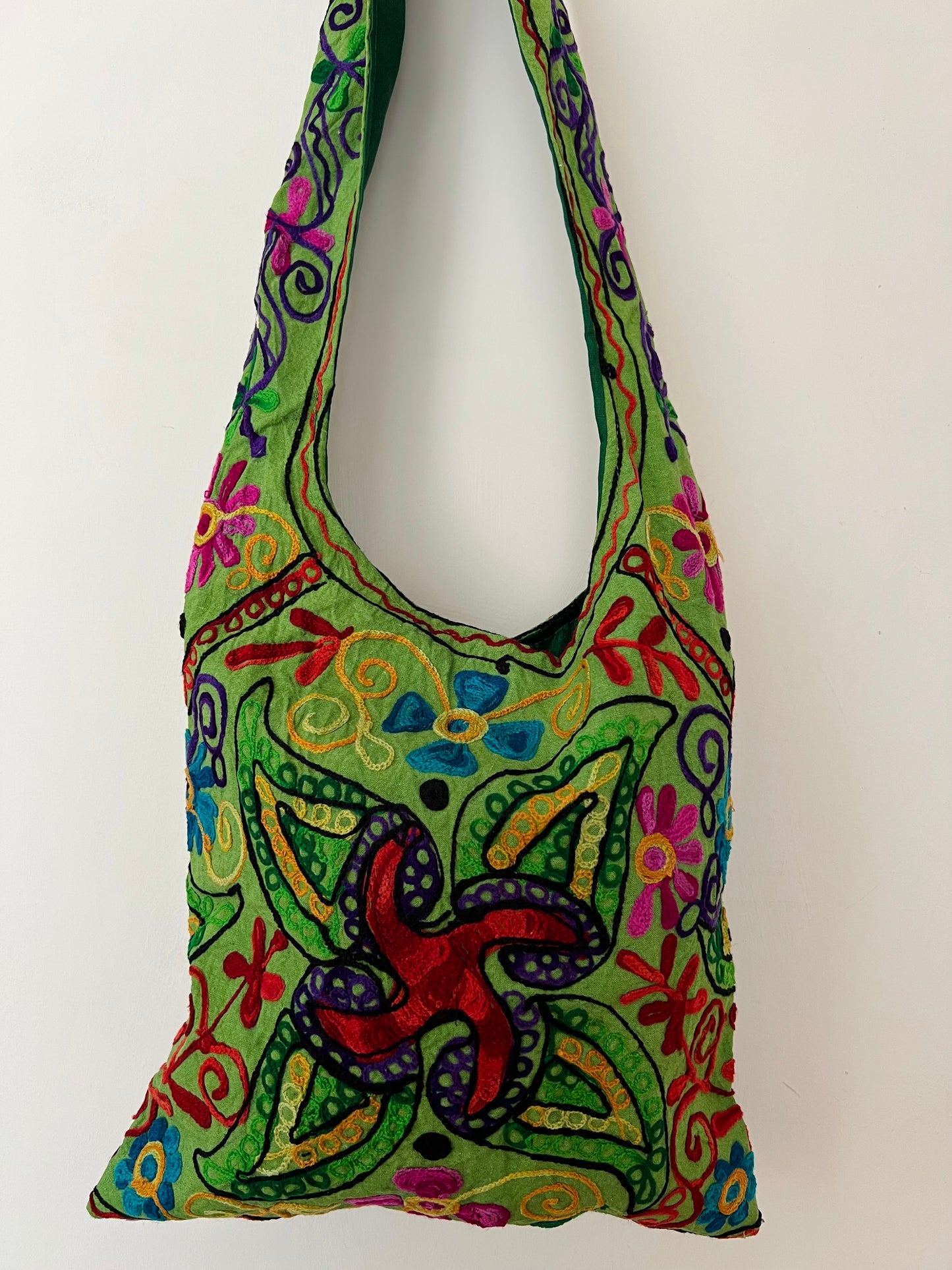 Handmade Fair Trade Hand Embroidered Elephant Hippie Shoulder Bag In Blue & Green Bohemian Festival Beach Bag 