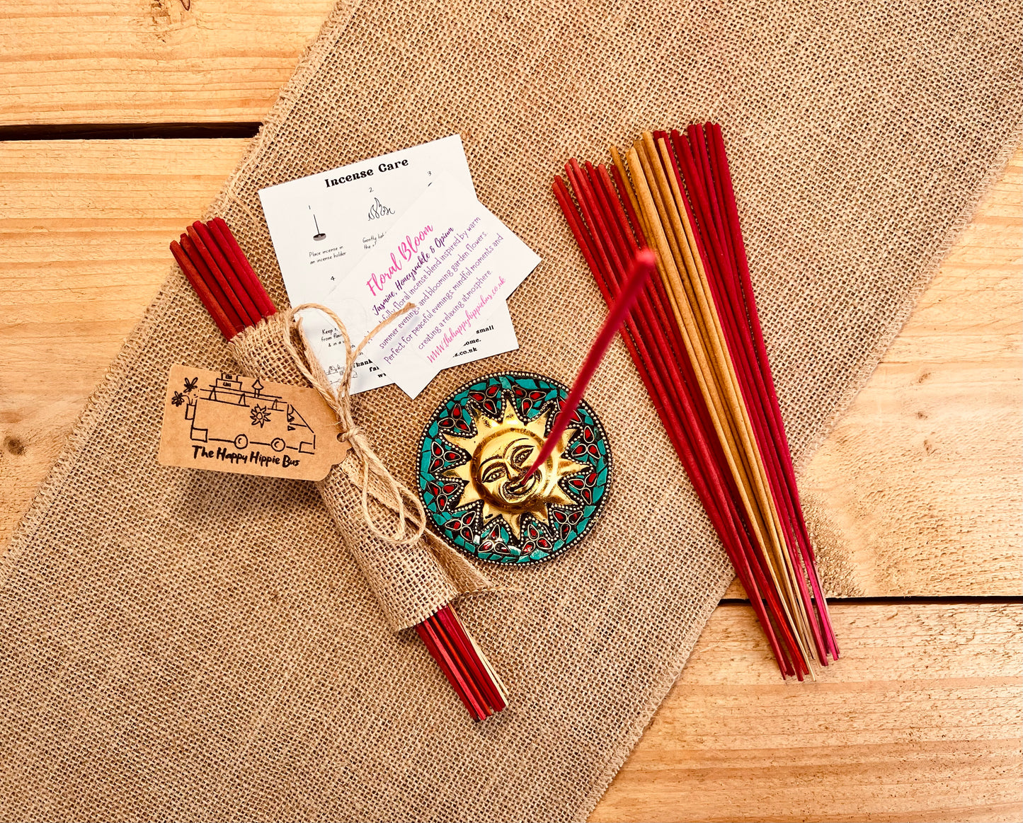 Summer Scented Incense Sticks Floral Bloom Jasmine, Honeysuckle, Opium Incense Bundle Plastic Free Hessian Wrapped