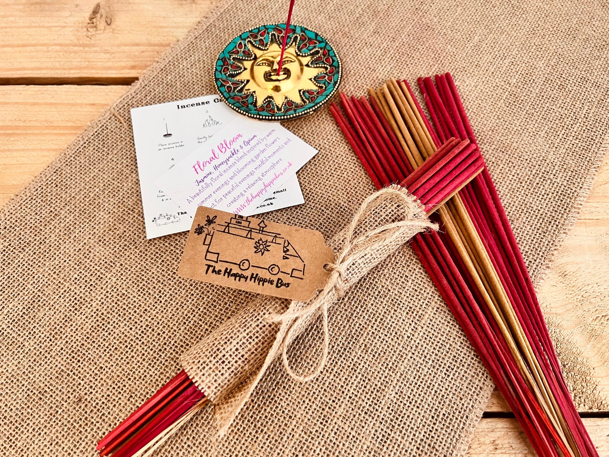 Handmade Fair Trade Ethically Sourced Natural Incense Sticks Boho Joss Sticks Summer Scents Jasmine Honeysuckle Midnight Rose Hand Rolled Non Toxic Plastic Free Hessian Wrapped Gift