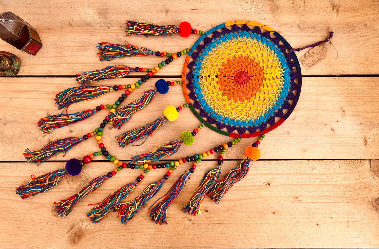 Large rainbow crochet dream catcher colourful pom pom beads dreamcatcher extra large long hanging boho hippie home decor dream catcher colourful vibrant rainbow living room, bedroom decor gift