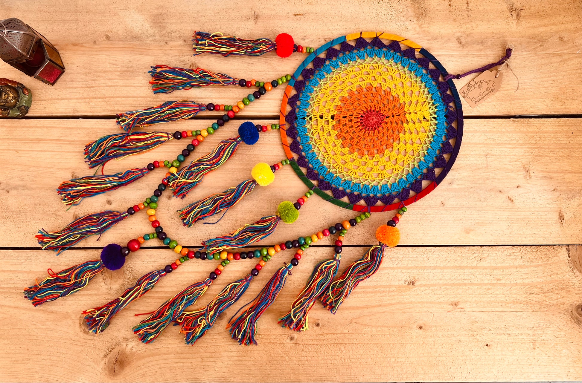 Large rainbow crochet dream catcher colourful pom pom beads dreamcatcher extra large long hanging boho hippie home decor dream catcher colourful vibrant rainbow living room, bedroom decor gift