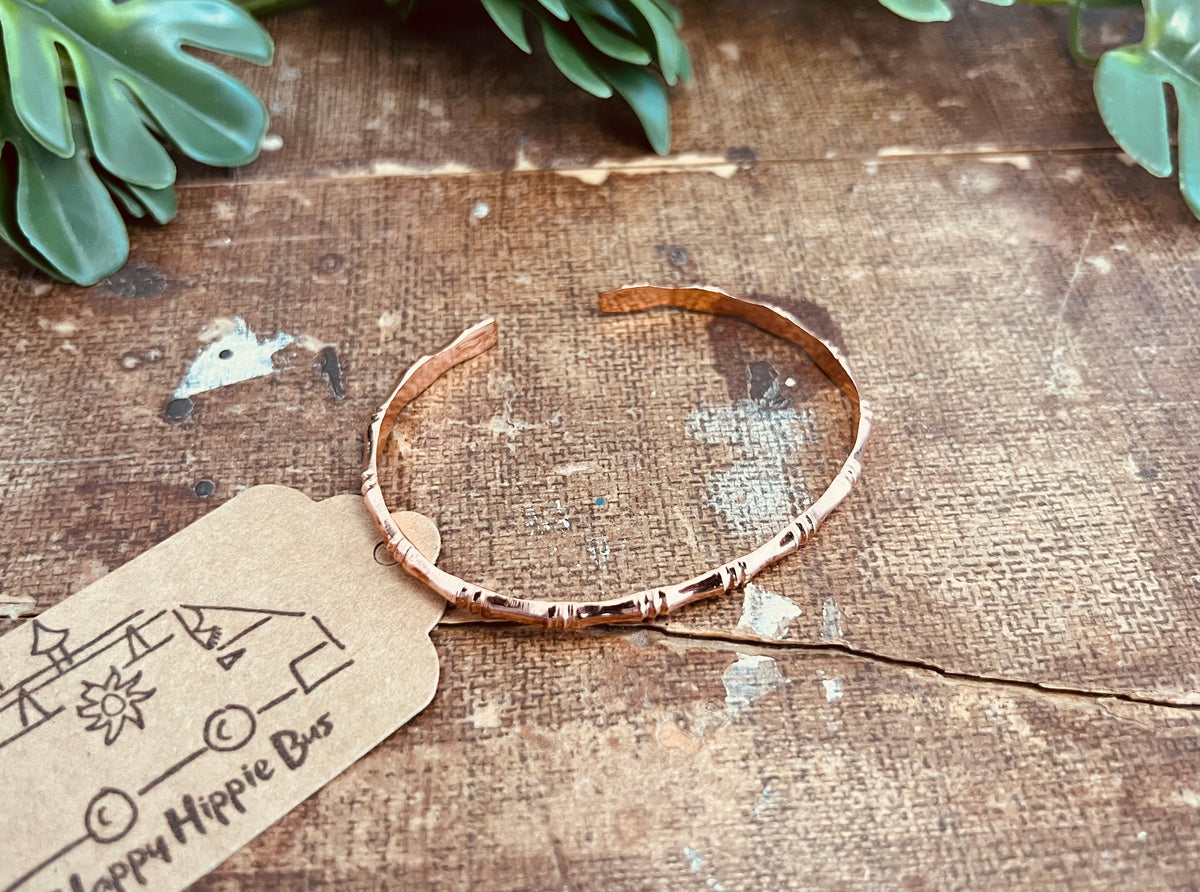 Handcrafted Solid Copper Slim Cuff Bracelet - Bamboo Style Design